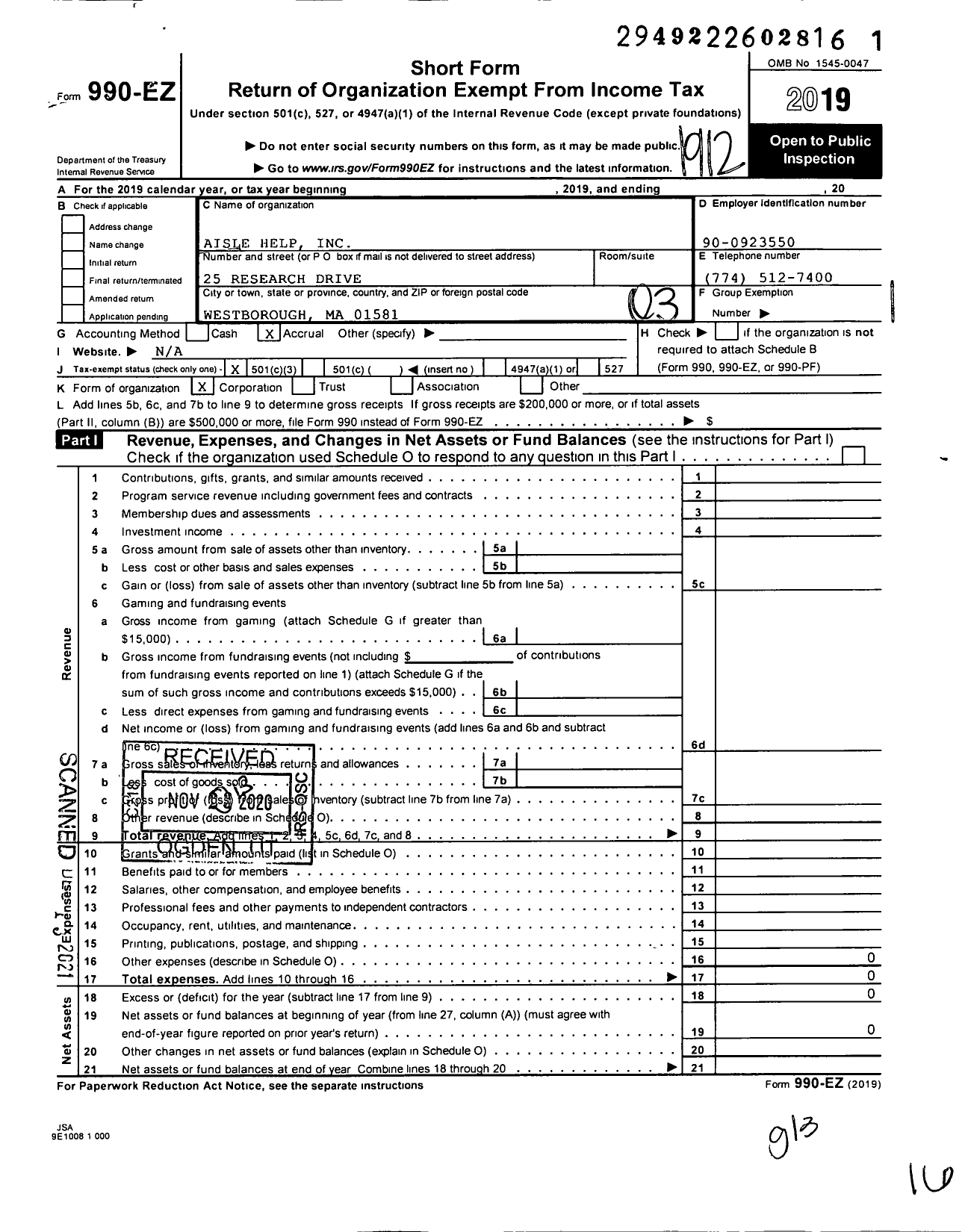 Image of first page of 2019 Form 990EZ for Aisle Help