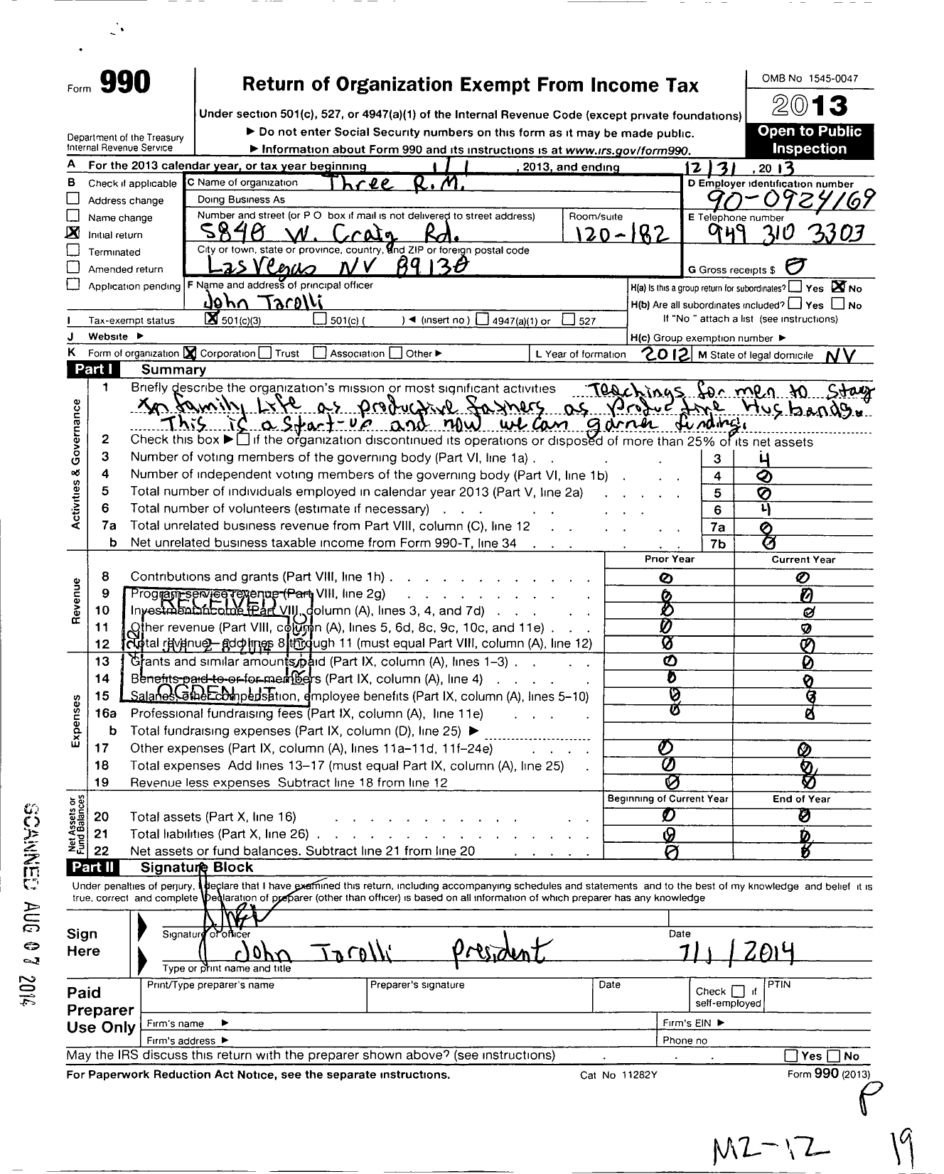 Image of first page of 2013 Form 990 for Three R M