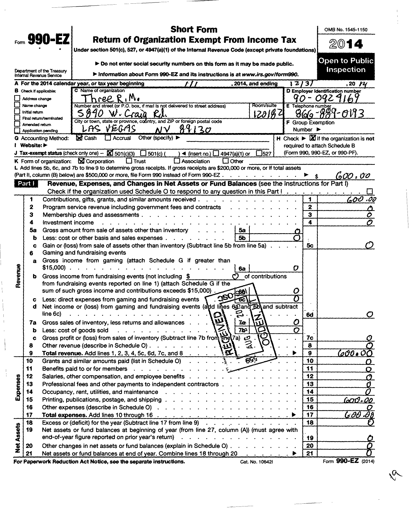 Image of first page of 2014 Form 990EZ for Three R M