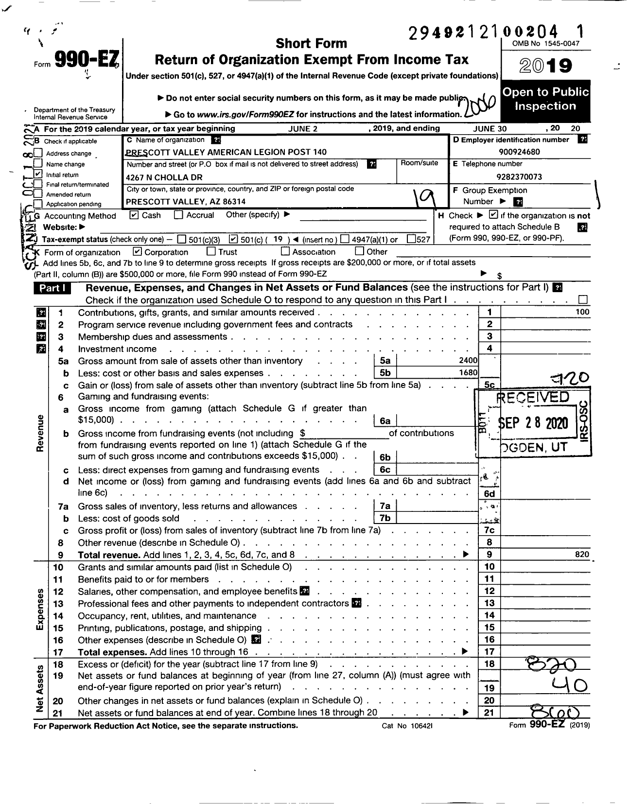 Image of first page of 2019 Form 990EO for American Legion