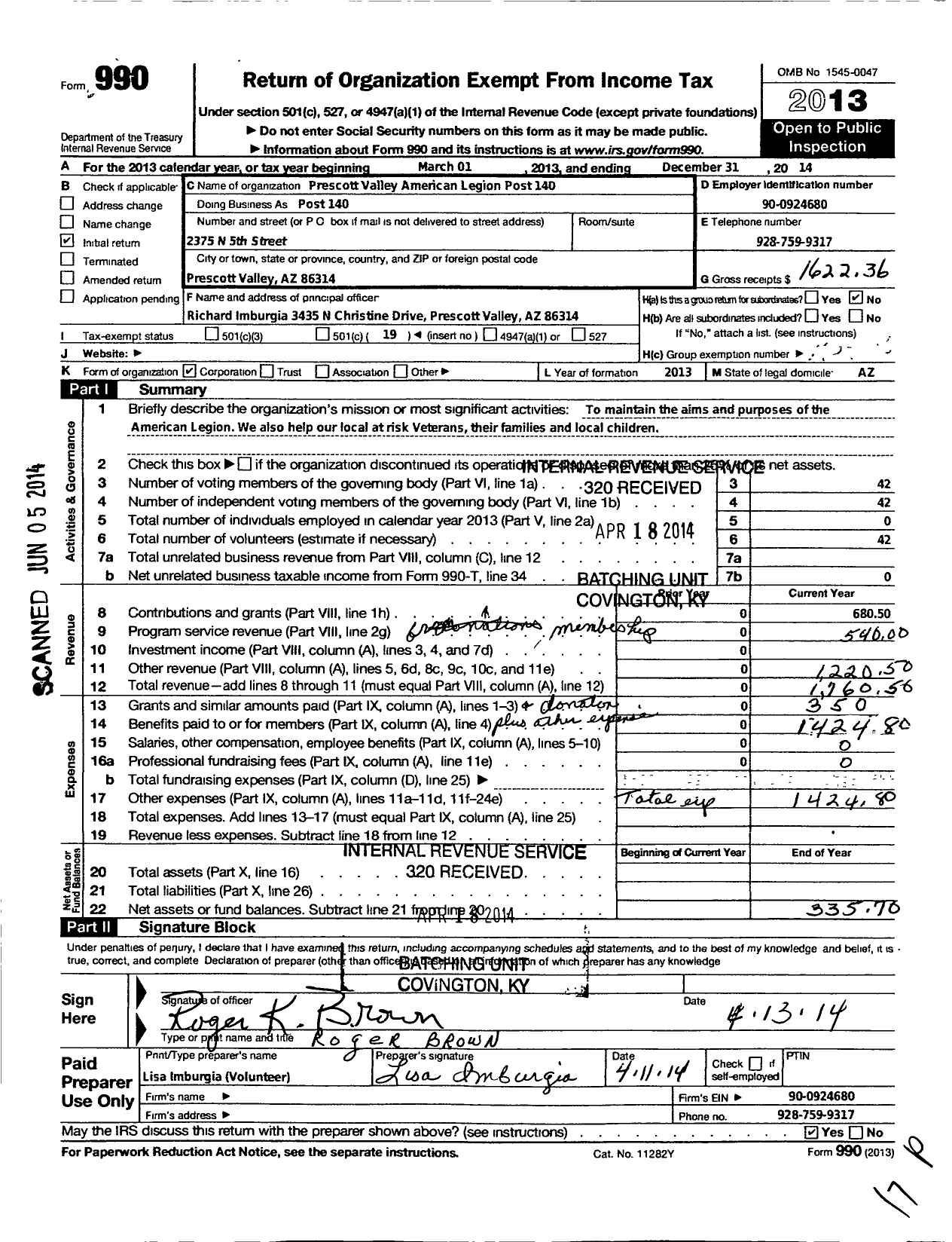 Image of first page of 2013 Form 990O for American Legion