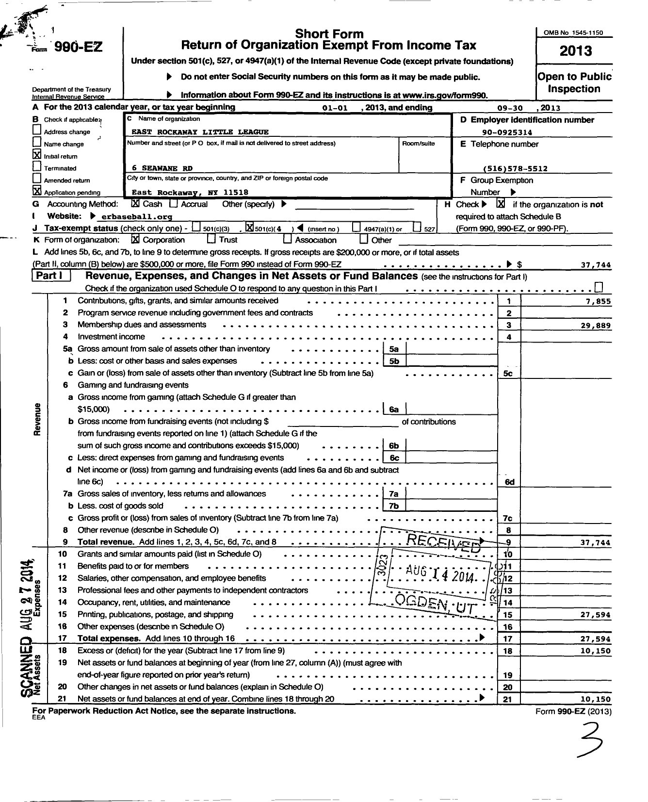 Image of first page of 2012 Form 990EO for Little League Baseball - 281498 East Rockaway LL