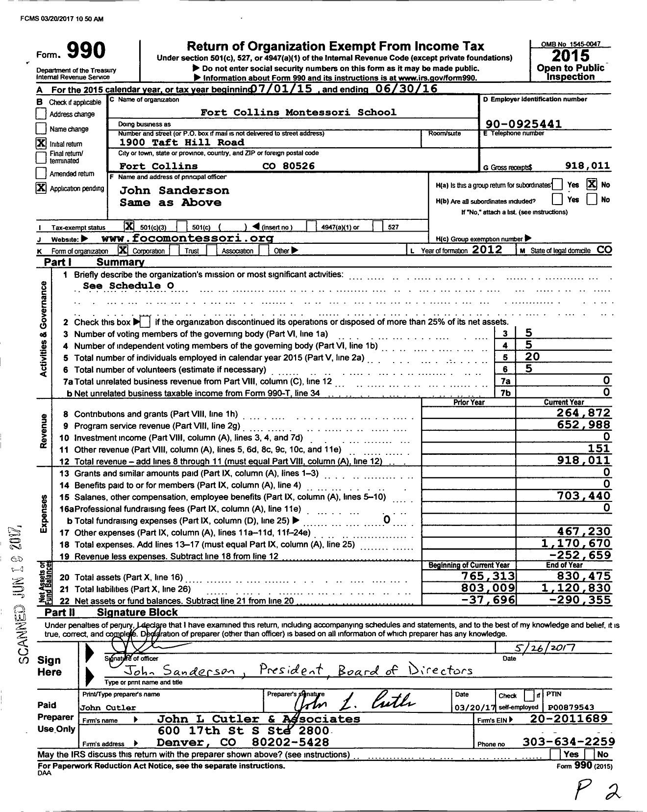 Image of first page of 2015 Form 990 for Fort Collins Montessori School