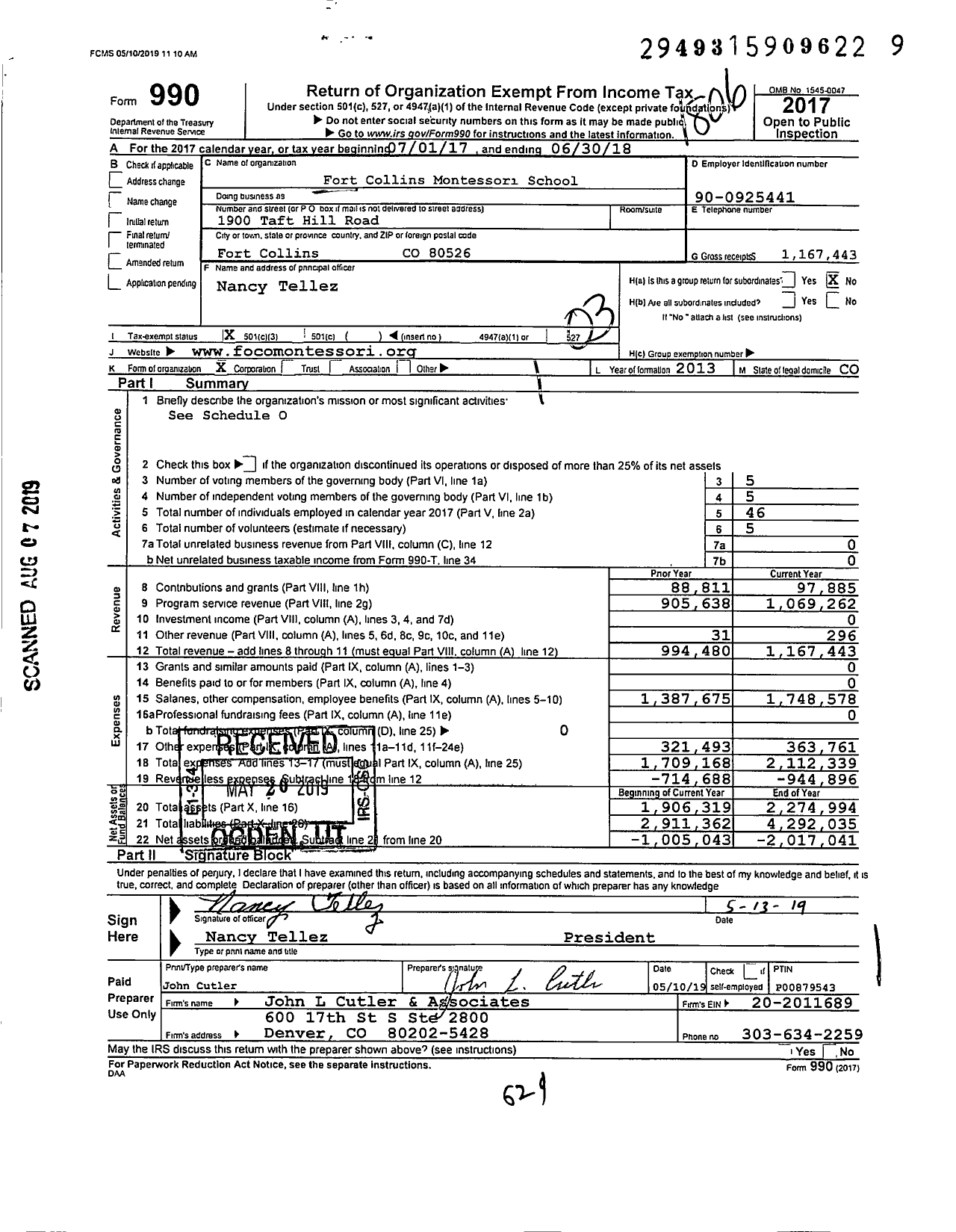 Image of first page of 2017 Form 990 for Fort Collins Montessori School