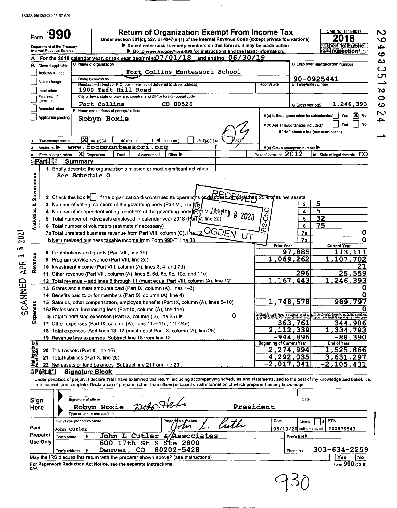 Image of first page of 2018 Form 990 for Fort Collins Montessori School