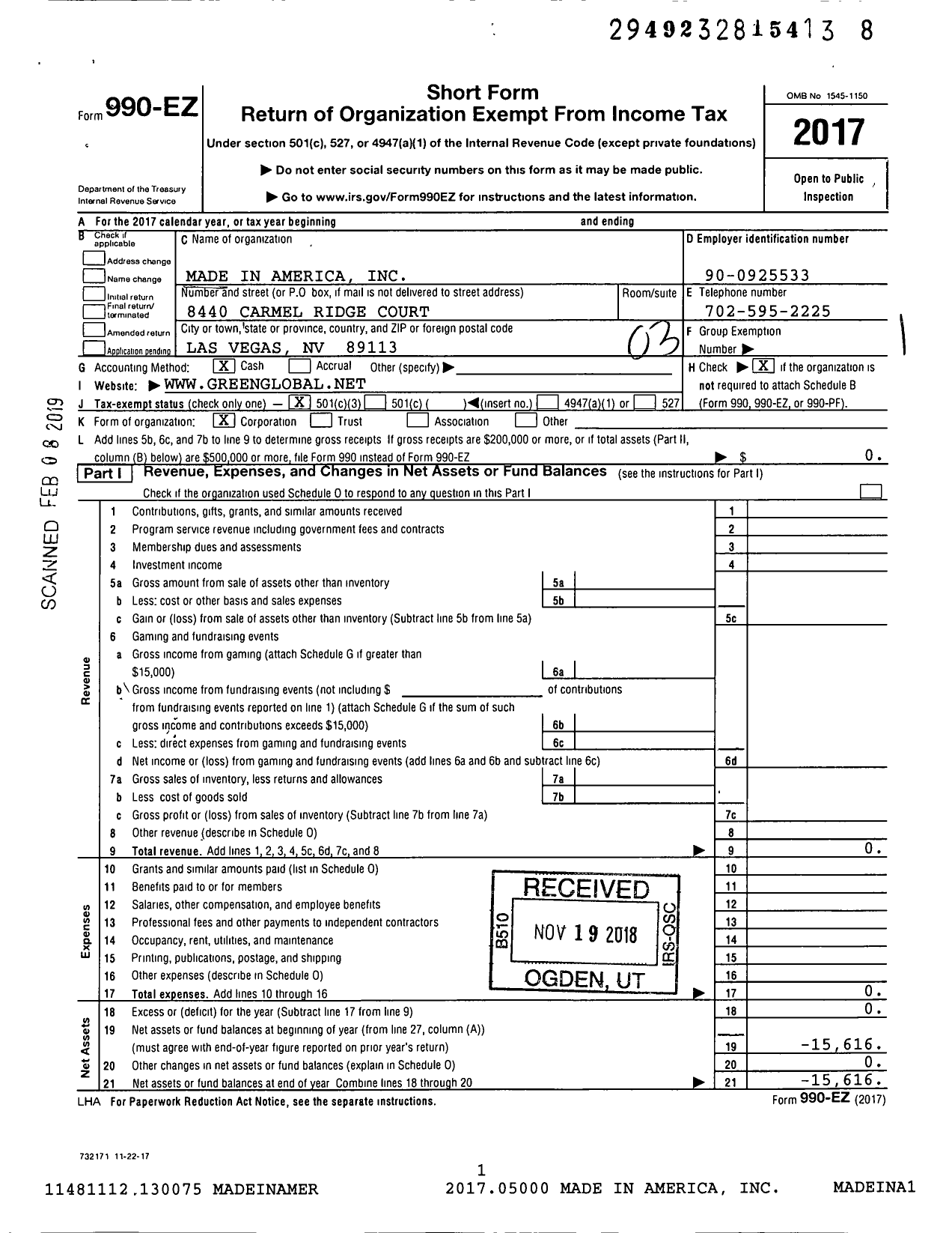 Image of first page of 2017 Form 990EZ for Made In America