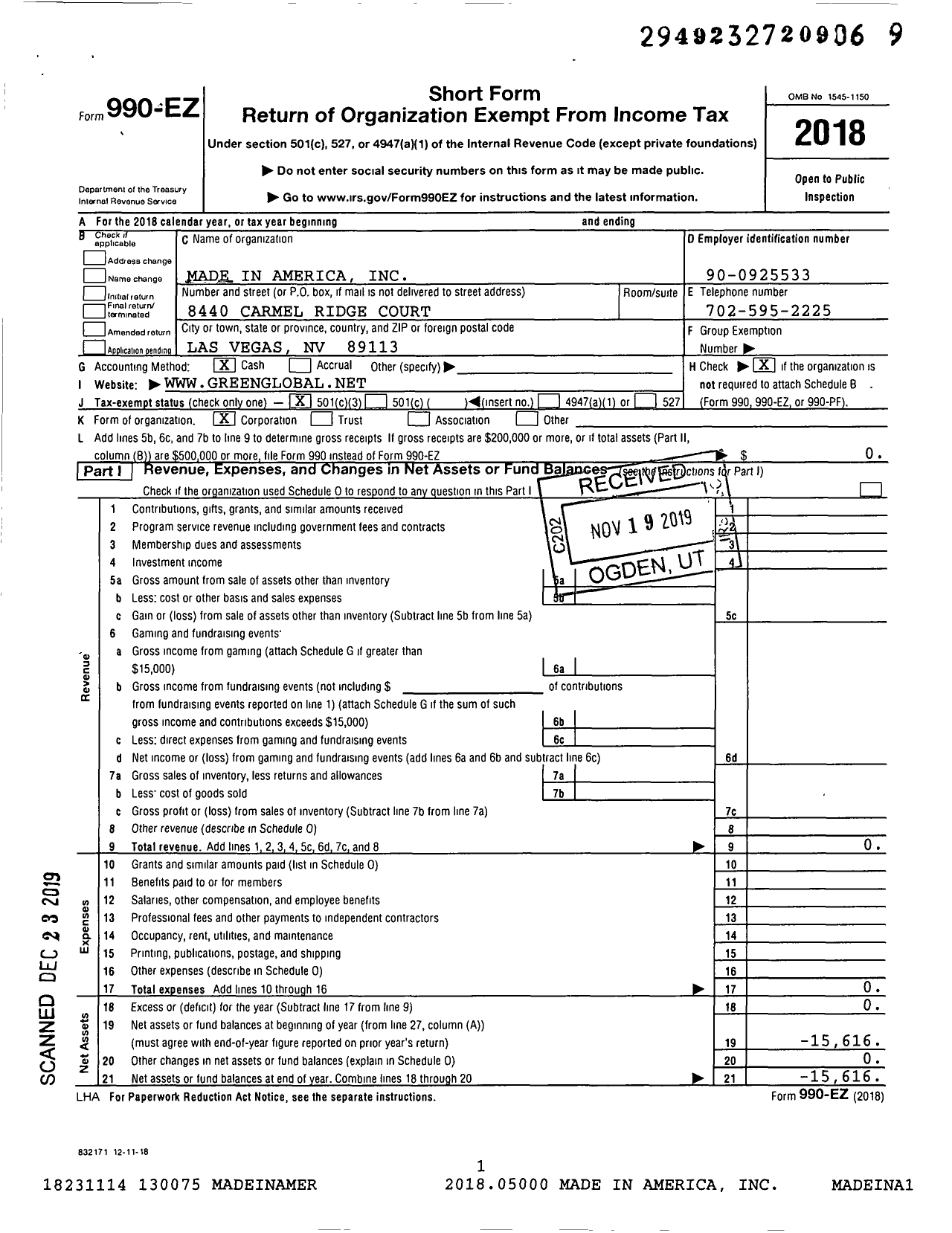 Image of first page of 2018 Form 990EZ for Made In America