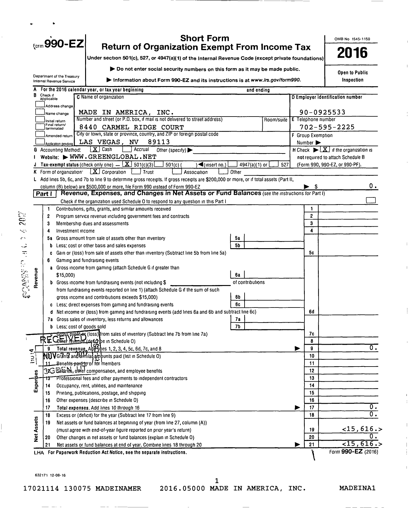 Image of first page of 2016 Form 990EZ for Made In America