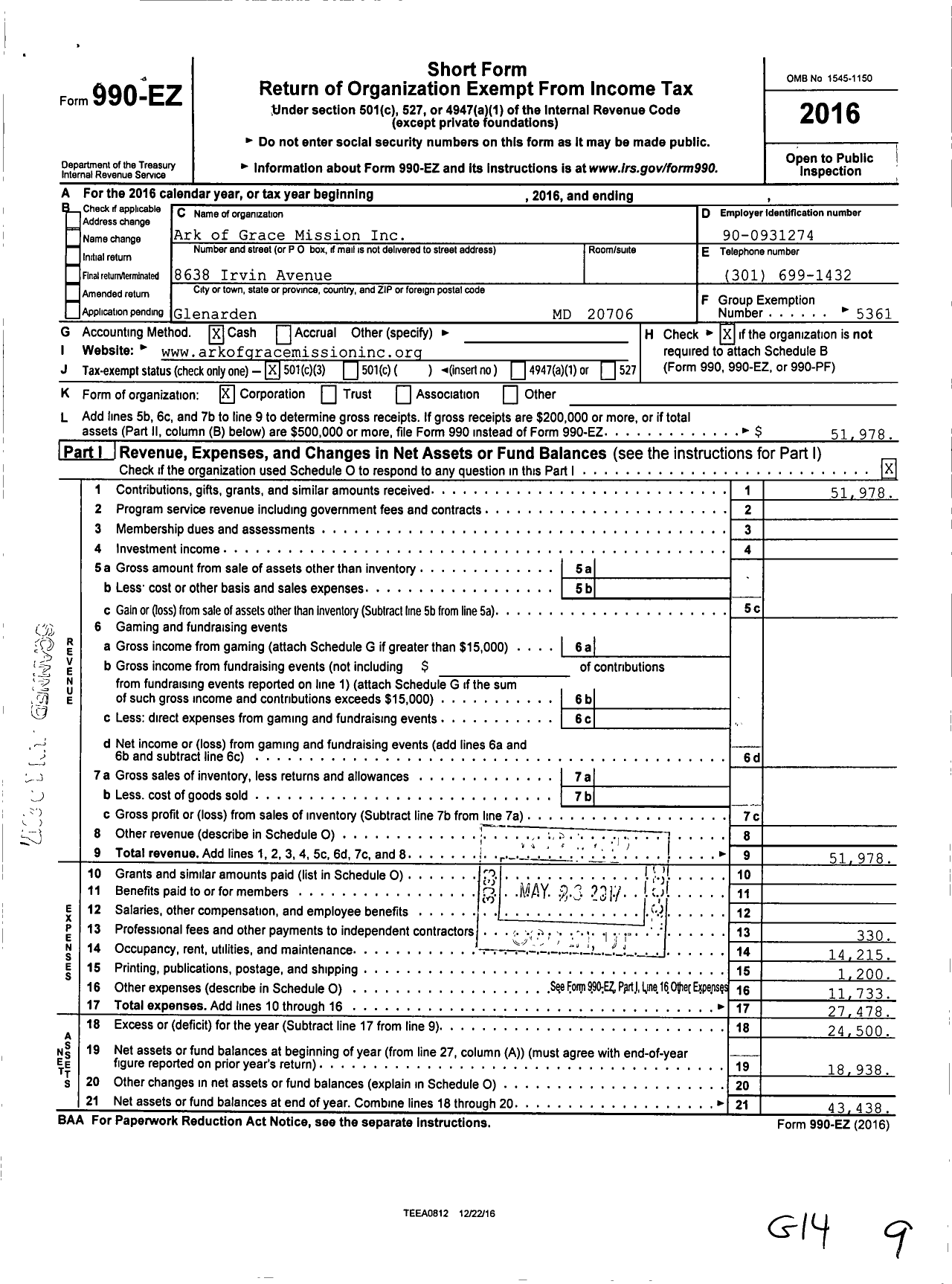 Image of first page of 2016 Form 990EZ for Ark of Grace Mission