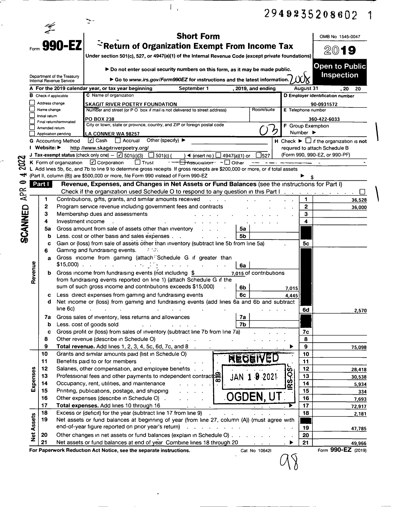 Image of first page of 2019 Form 990EZ for Skagit River Poetry Foundation