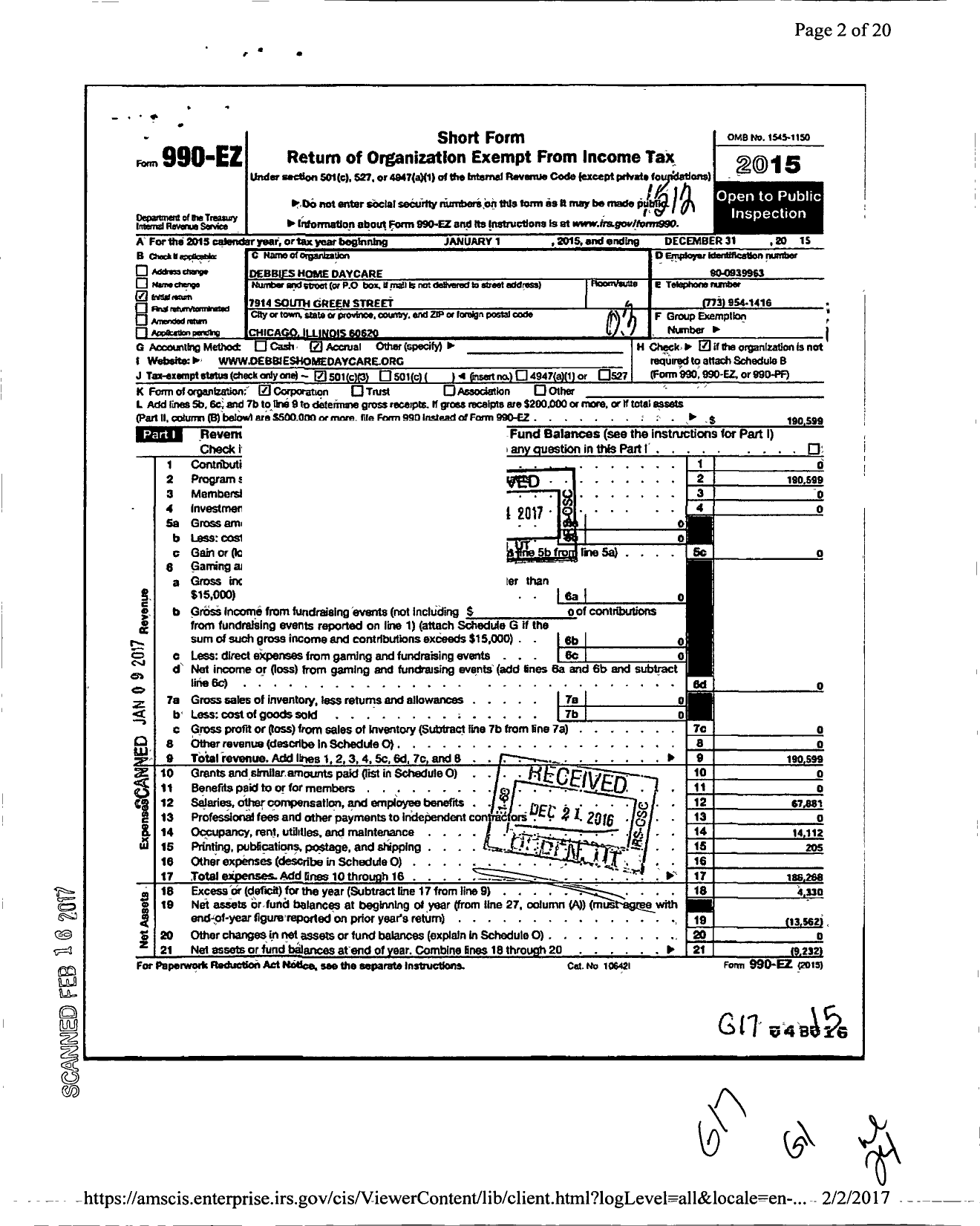 Image of first page of 2015 Form 990EZ for Debbies Home Health