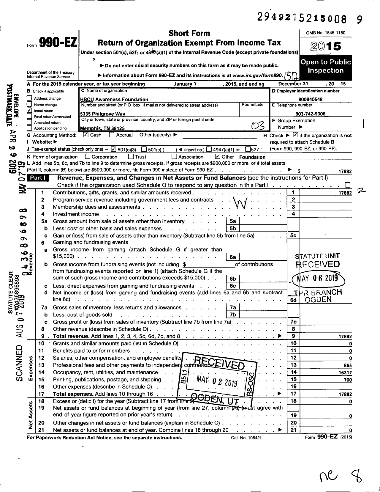 Image of first page of 2015 Form 990EZ for Hbcu Awareness Foundation