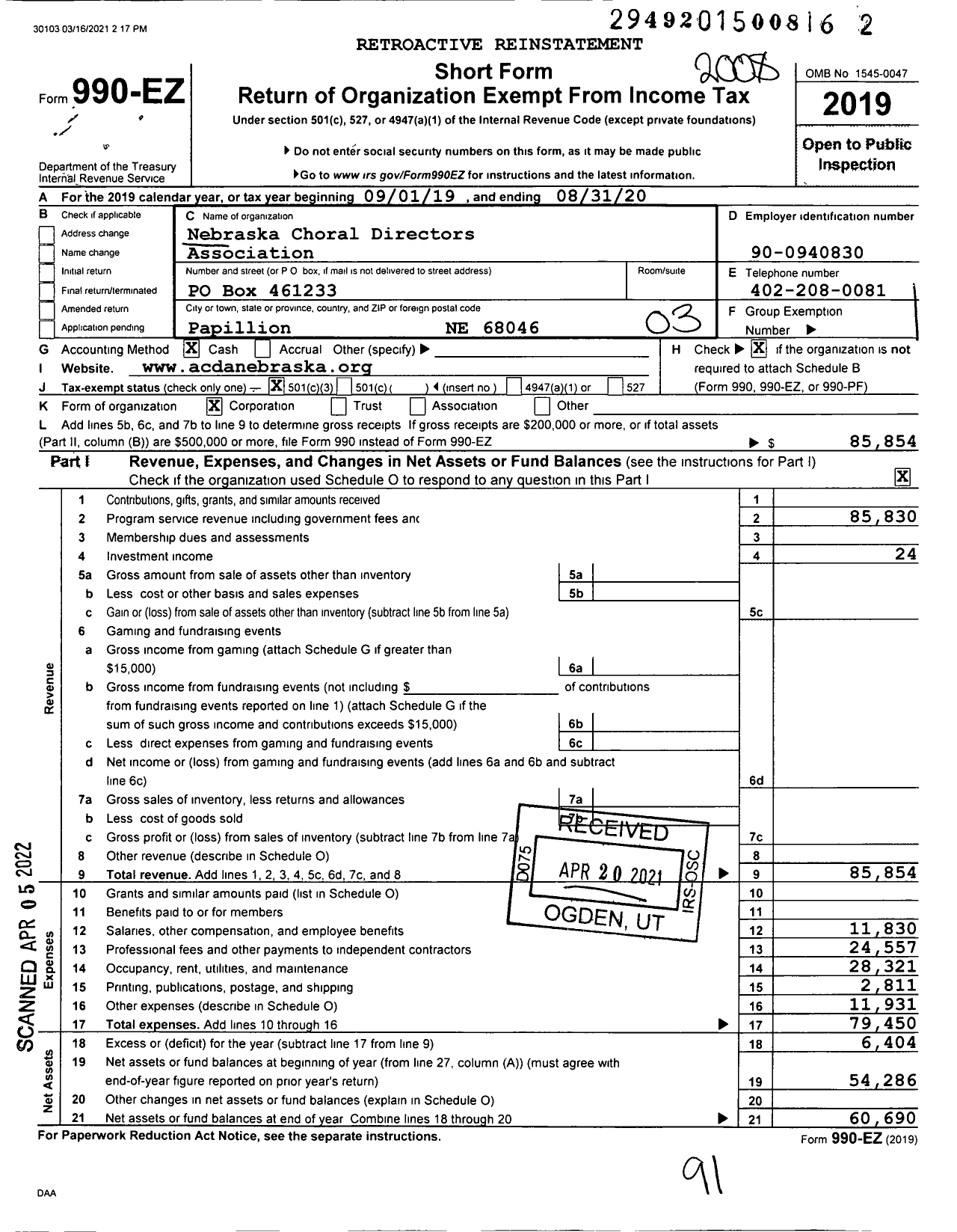 Image of first page of 2019 Form 990EZ for Nebraska Choral Directors Association