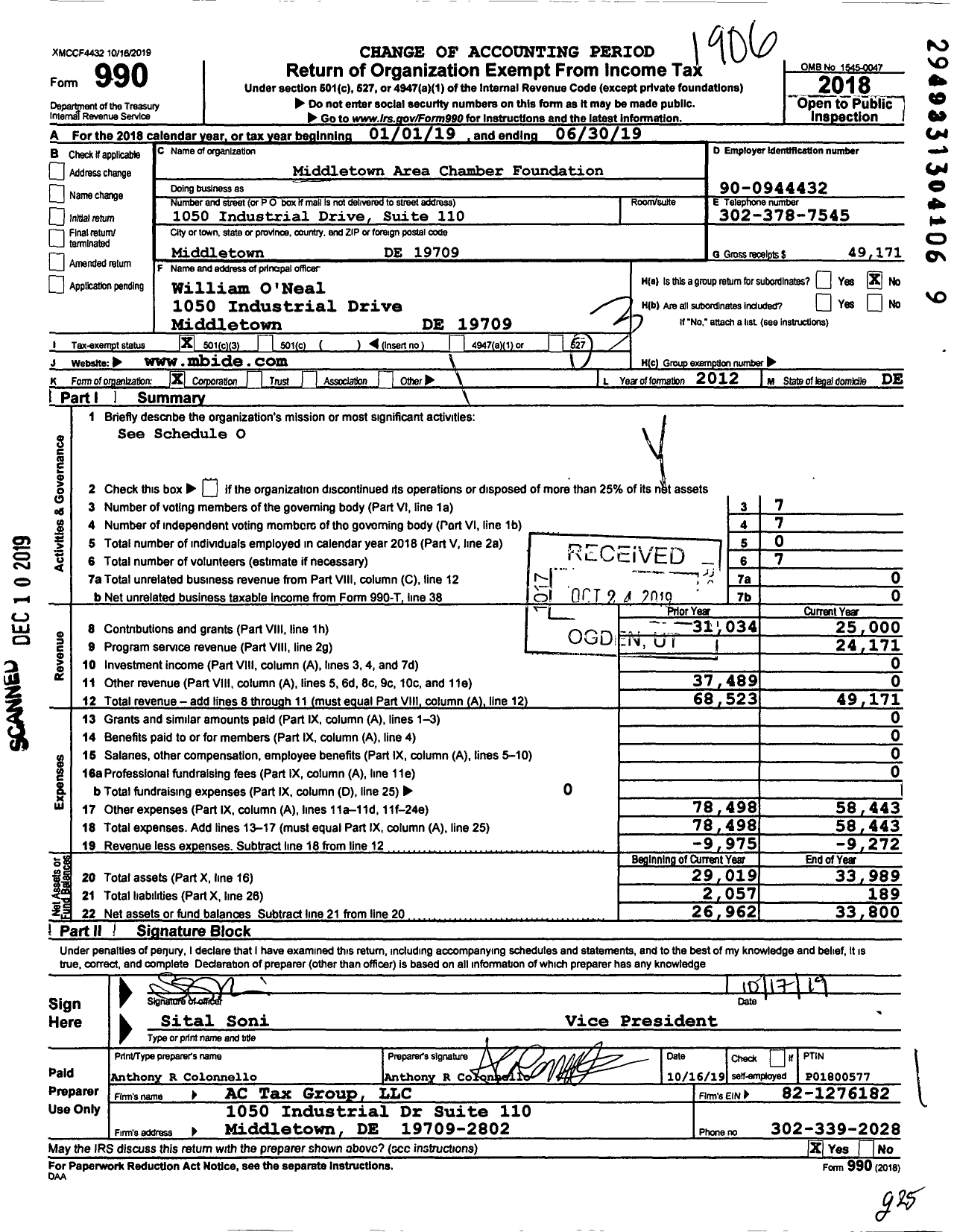 Image of first page of 2018 Form 990 for Middletown Area Chamber of Commerce Foundation