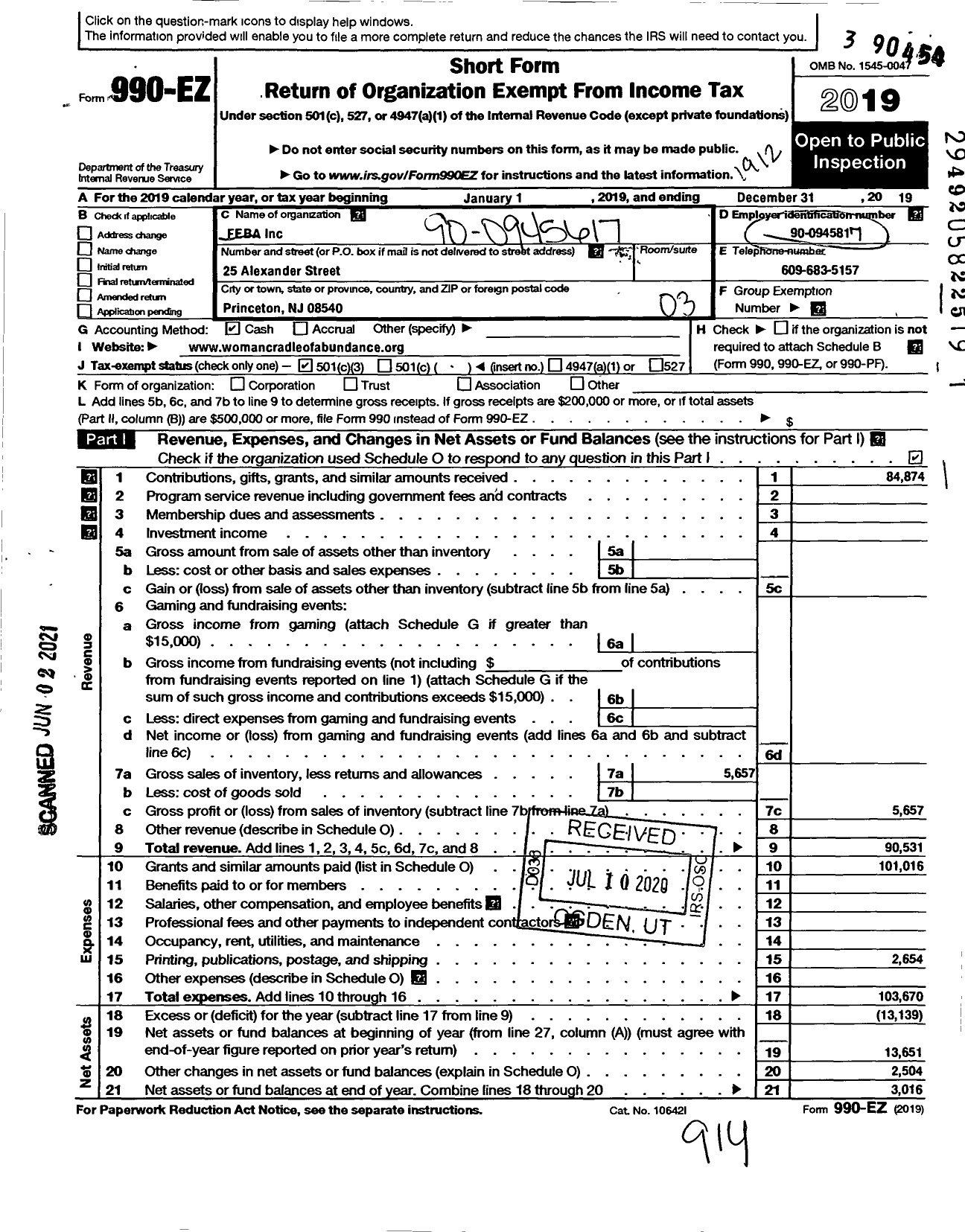 Image of first page of 2019 Form 990EZ for Woman Cradle of Abundance