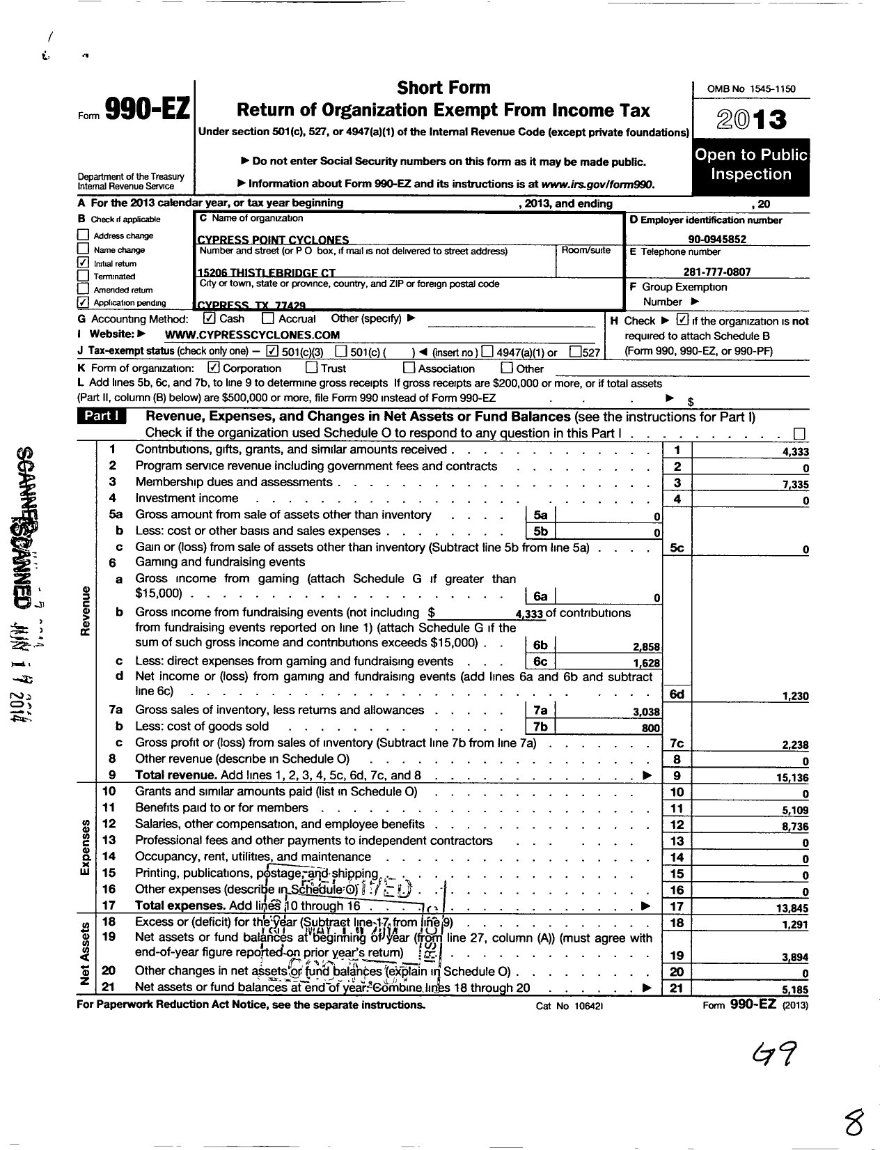 Image of first page of 2013 Form 990EZ for Cypress Point Cyclones