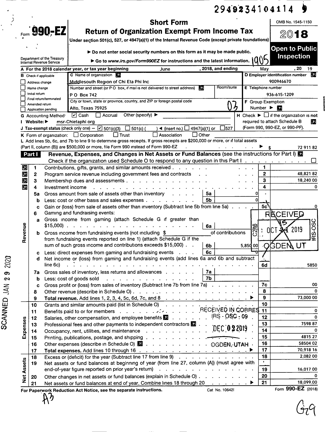 Image of first page of 2018 Form 990EZ for Middlesouth Region of Chi Eta Phi Sorority