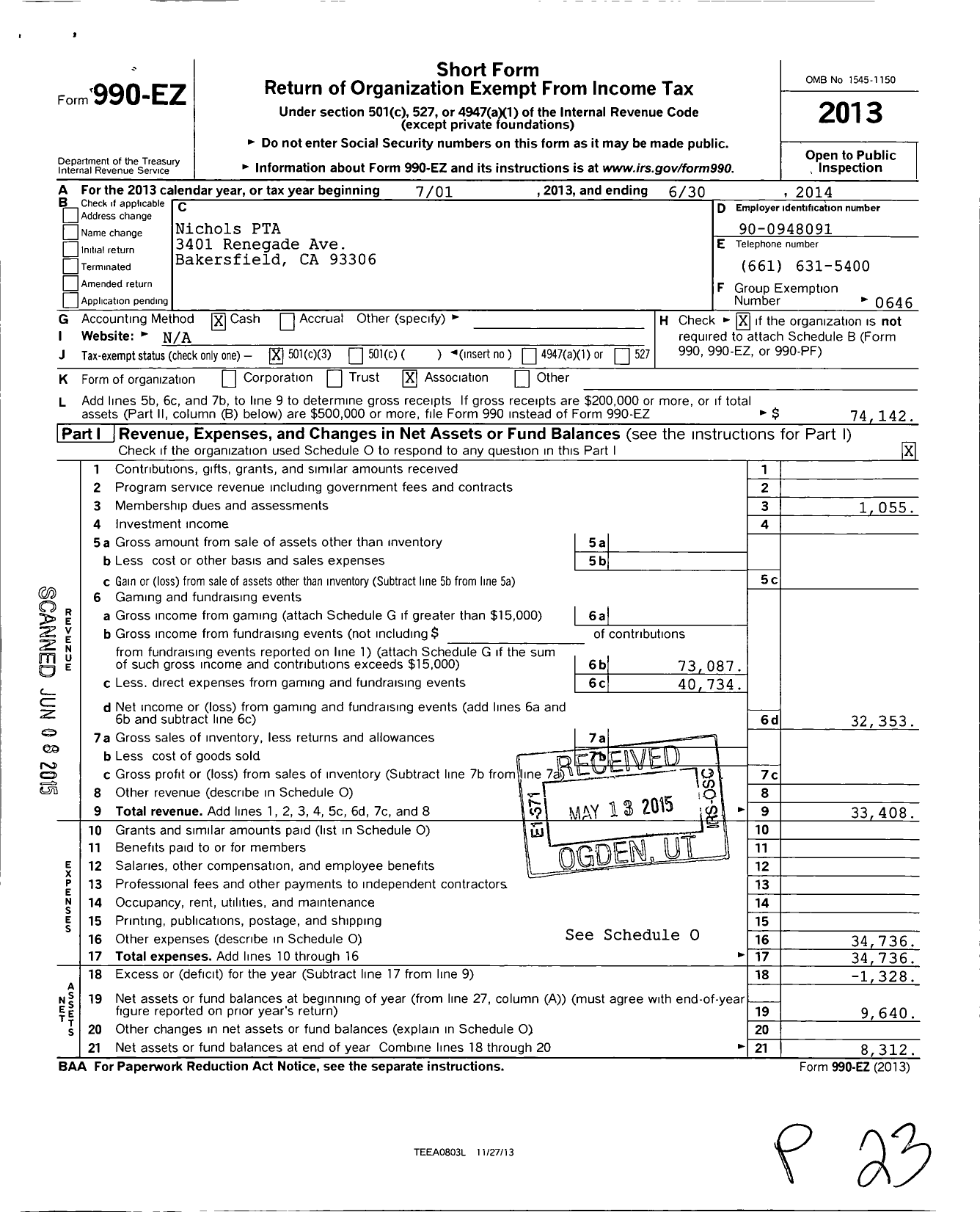 Image of first page of 2013 Form 990EZ for California State PTA - Nichols Elementry PTA