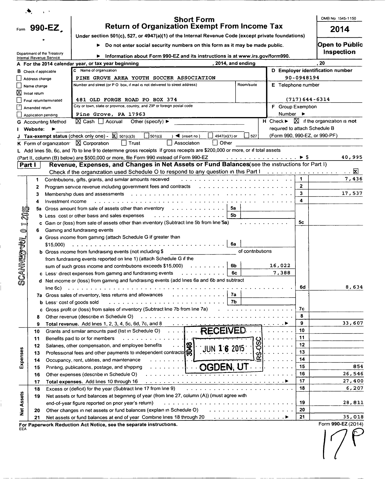 Image of first page of 2014 Form 990EZ for Pine Grove Area Youth Soccer Association