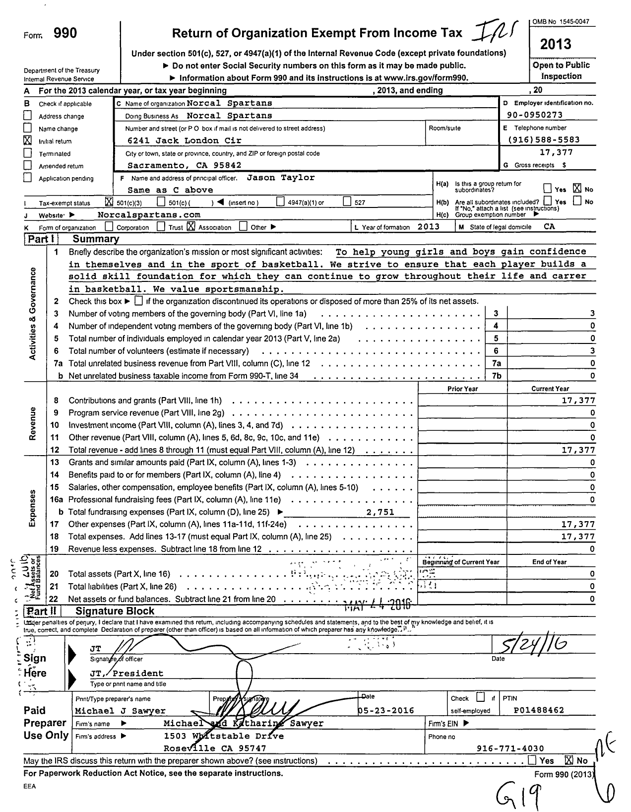 Image of first page of 2013 Form 990 for Norcal Spartans