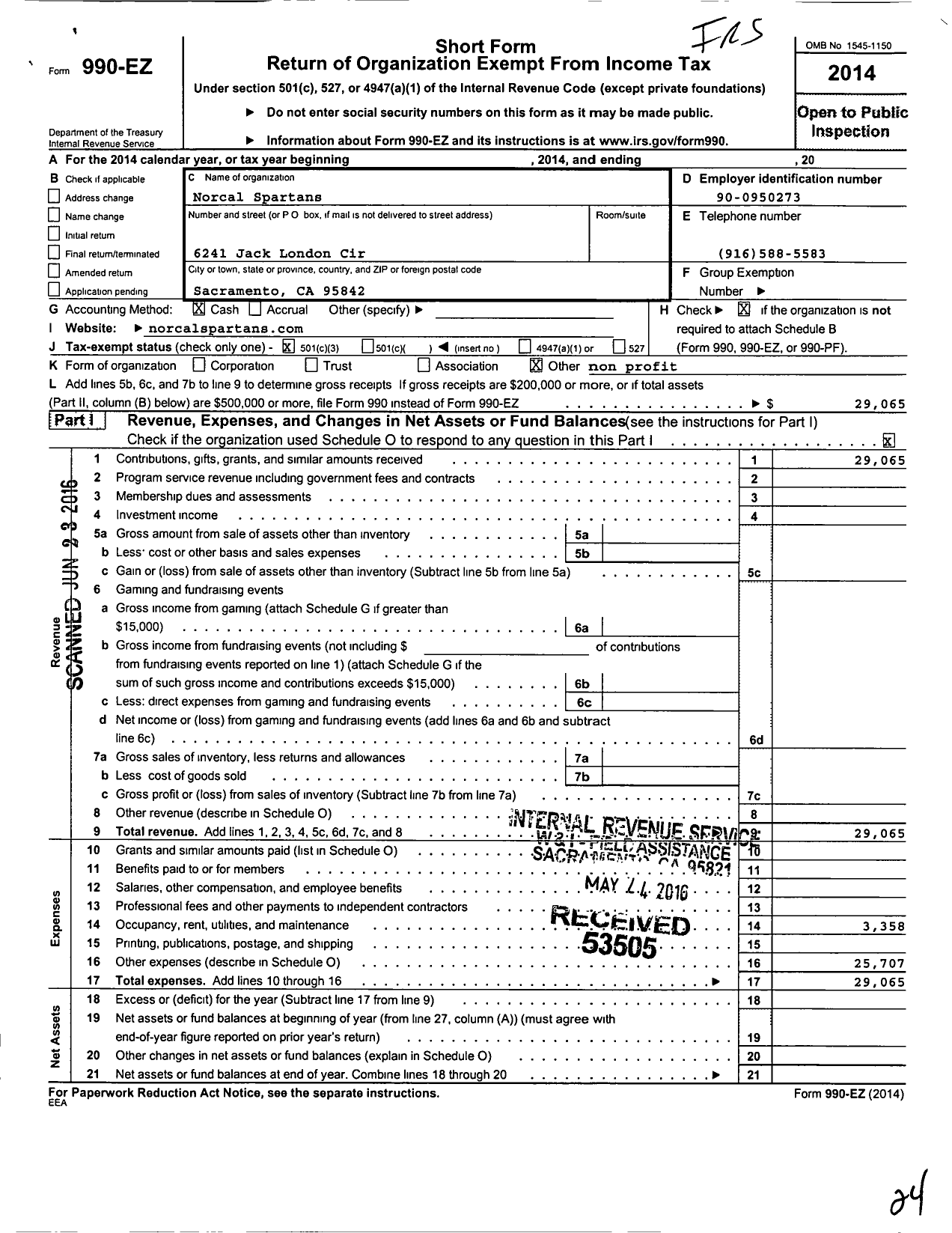 Image of first page of 2014 Form 990EZ for Norcal Spartans