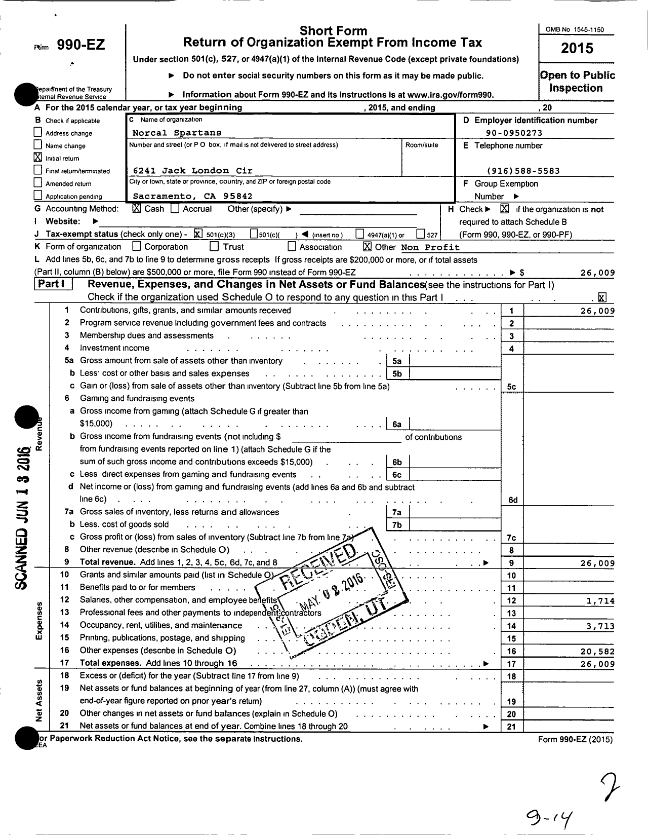 Image of first page of 2015 Form 990EZ for Norcal Spartans