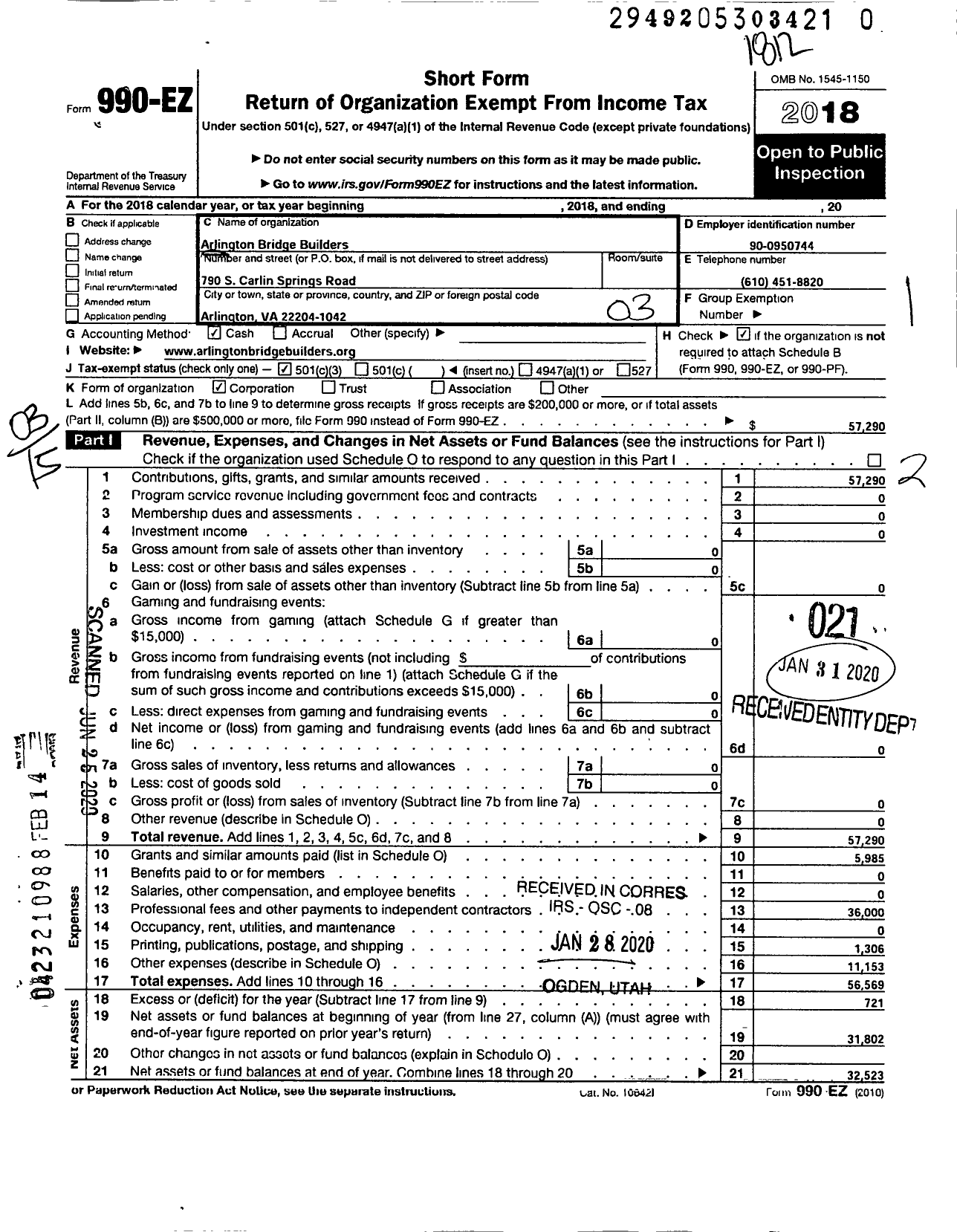 Image of first page of 2018 Form 990EZ for Arlington Bridge Builders