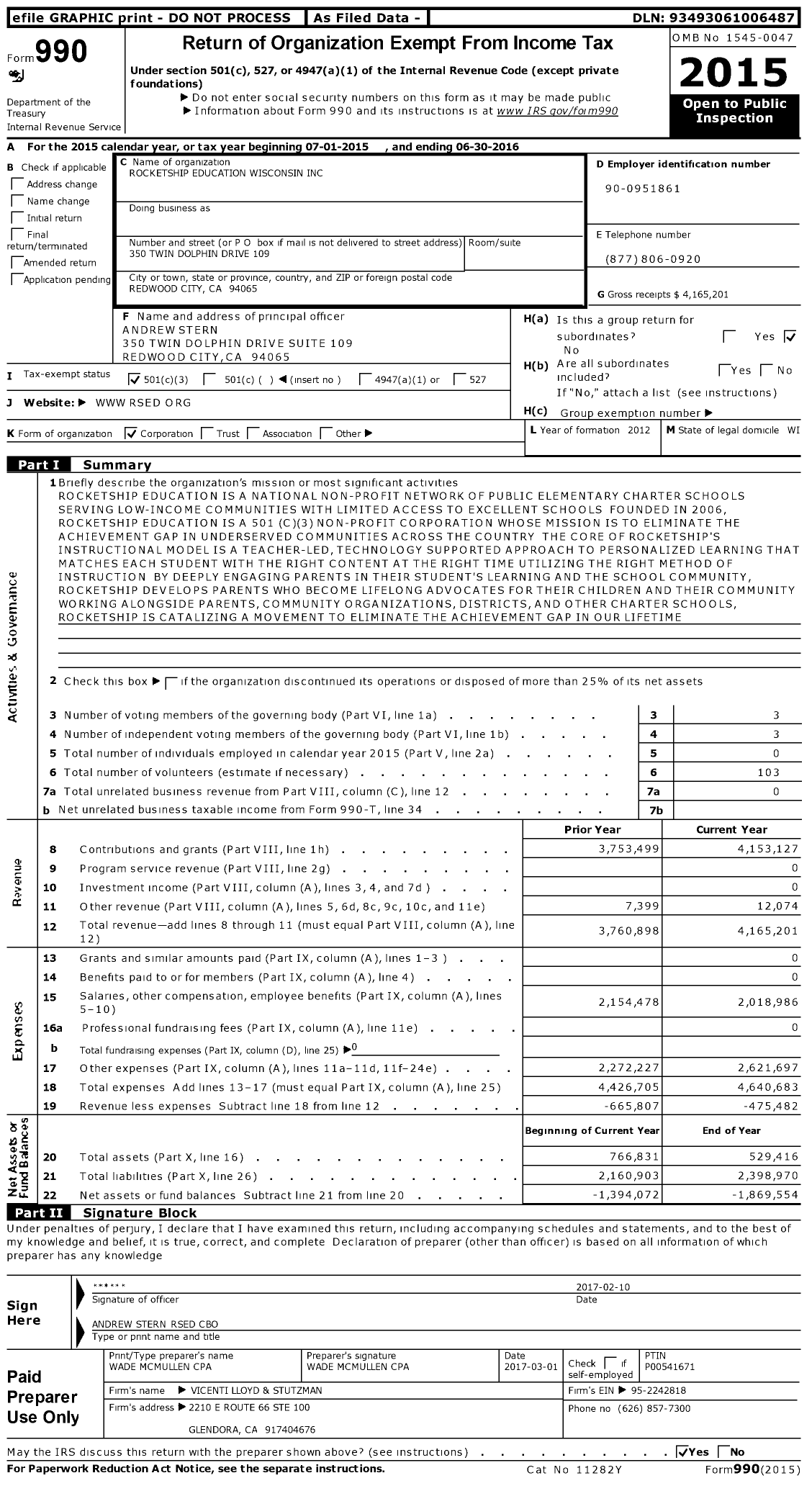 Image of first page of 2015 Form 990 for Rocketship Education Wisconsin