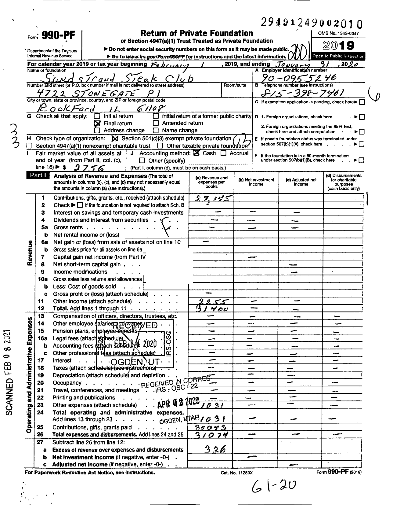 Image of first page of 2019 Form 990PF for Steak Club