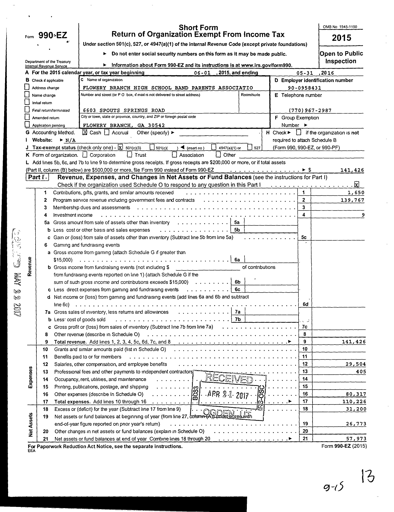 Image of first page of 2016 Form 990EZ for Flowery Branch High School Band Parents Associatio