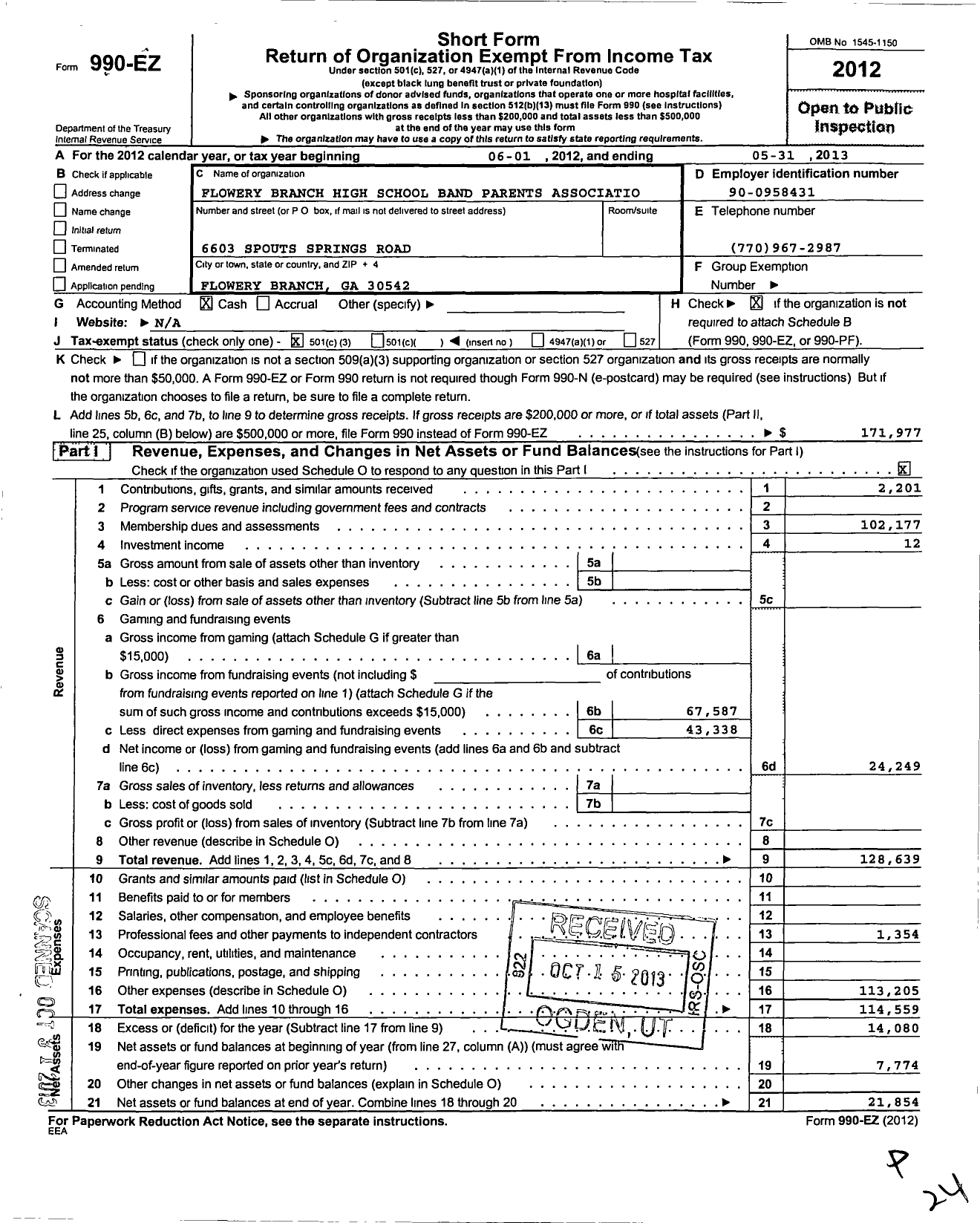 Image of first page of 2012 Form 990EZ for Flowery Branch High School Band Parents Associatio