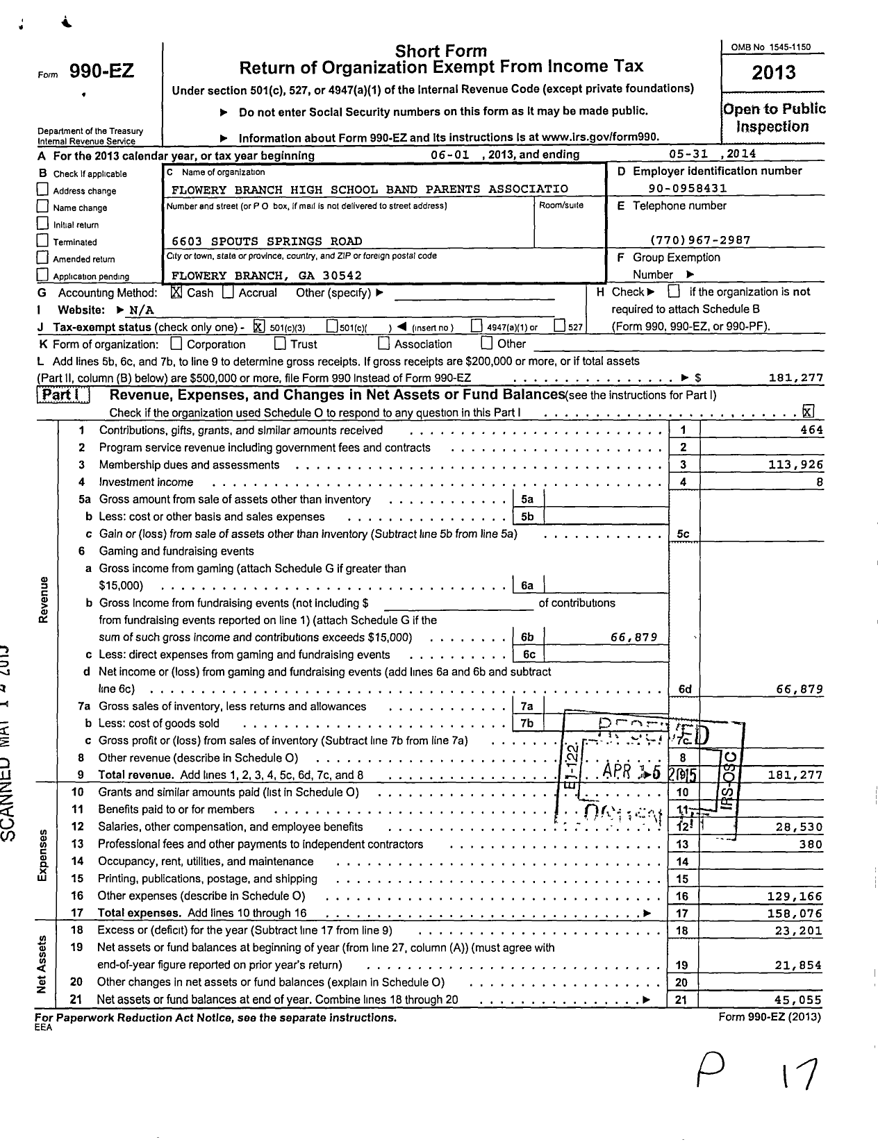 Image of first page of 2013 Form 990EZ for Flowery Branch High School Band Parents Associatio