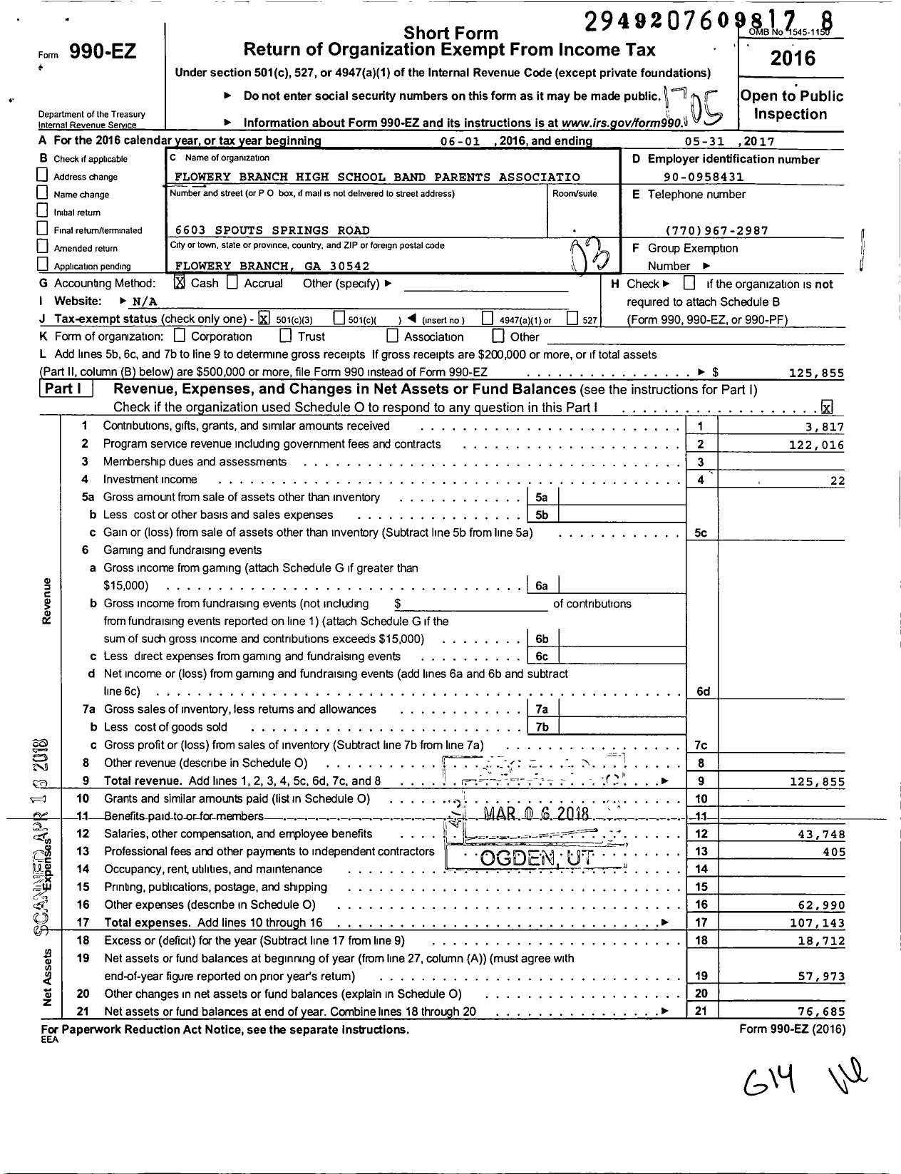 Image of first page of 2016 Form 990EZ for Flowery Branch High School Band Parents Associatio