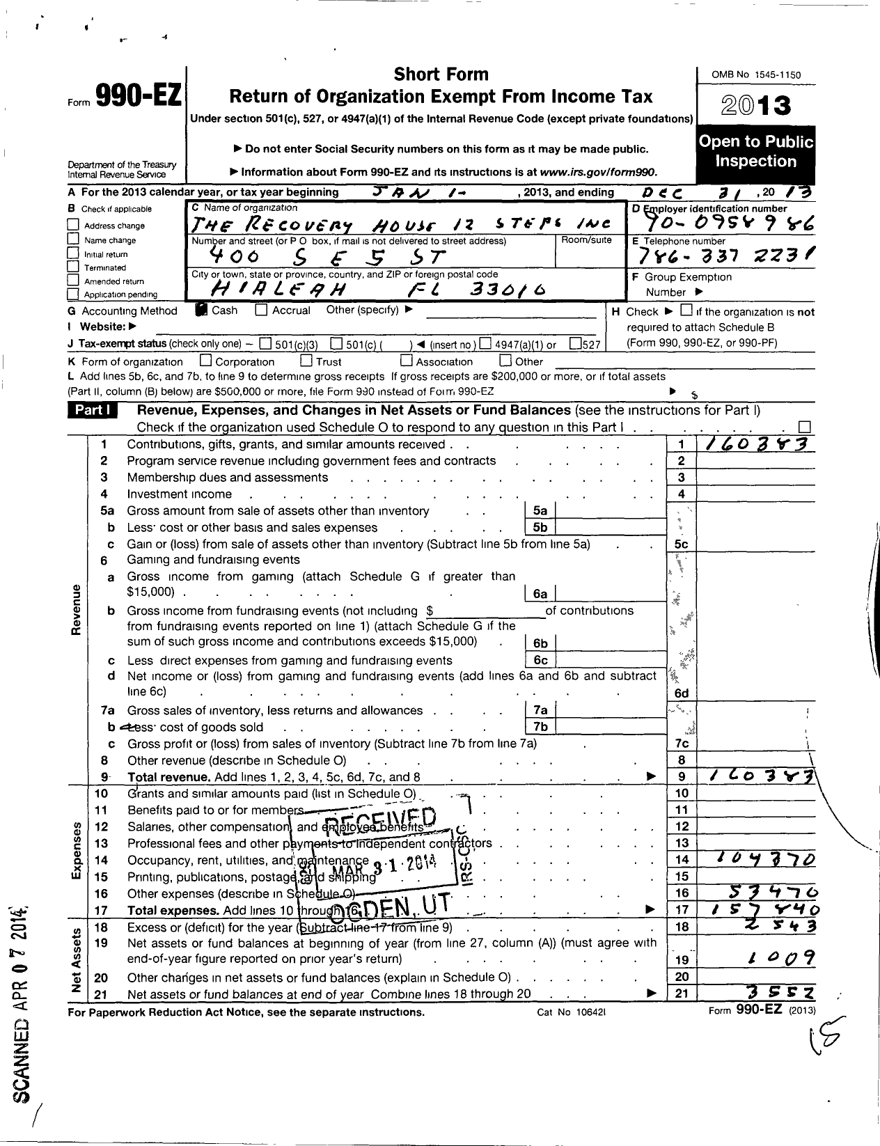 Image of first page of 2013 Form 990EO for The Recovery House 12 Step