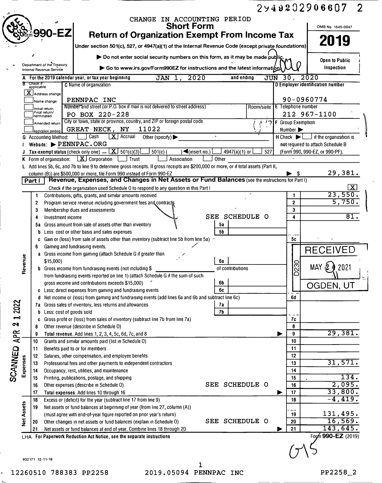 Image of first page of 2019 Form 990EZ for PennPAC