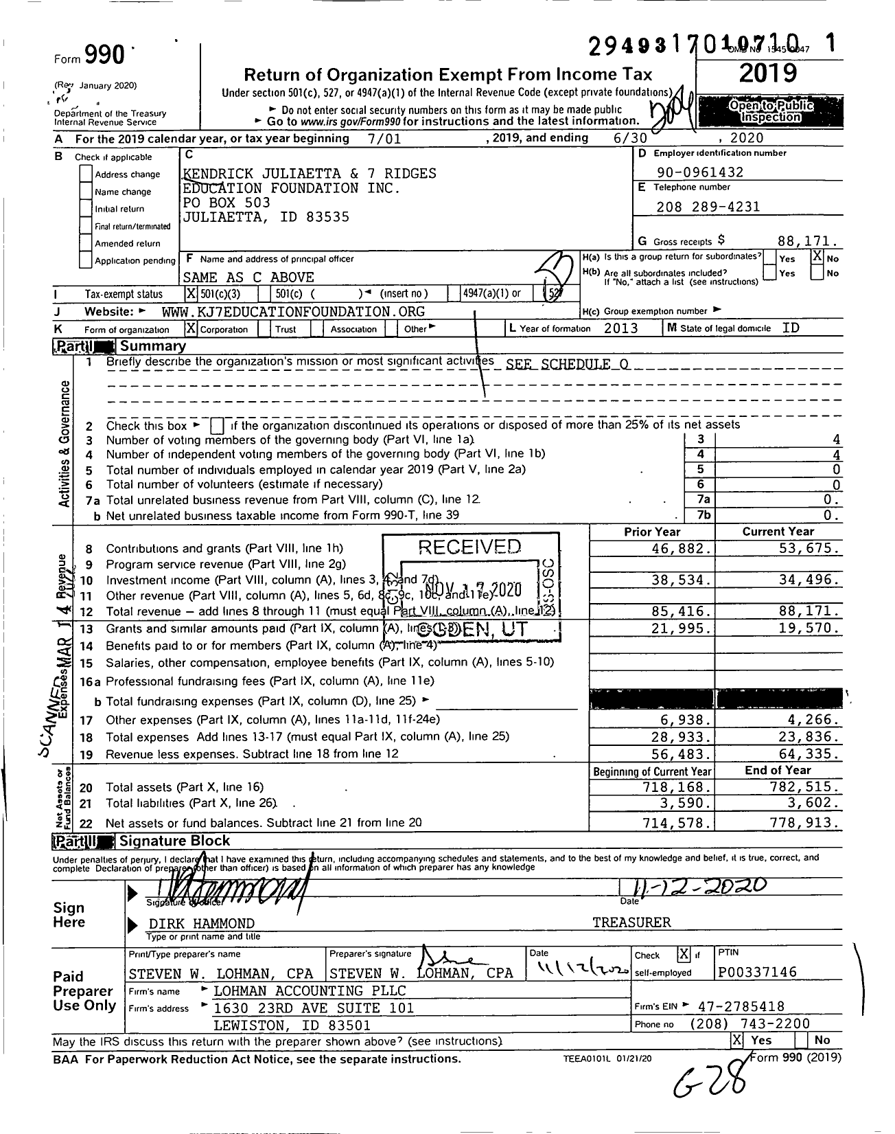 Image of first page of 2019 Form 990 for Kendrick Juliaetta and 7 Ridges Education Foundation