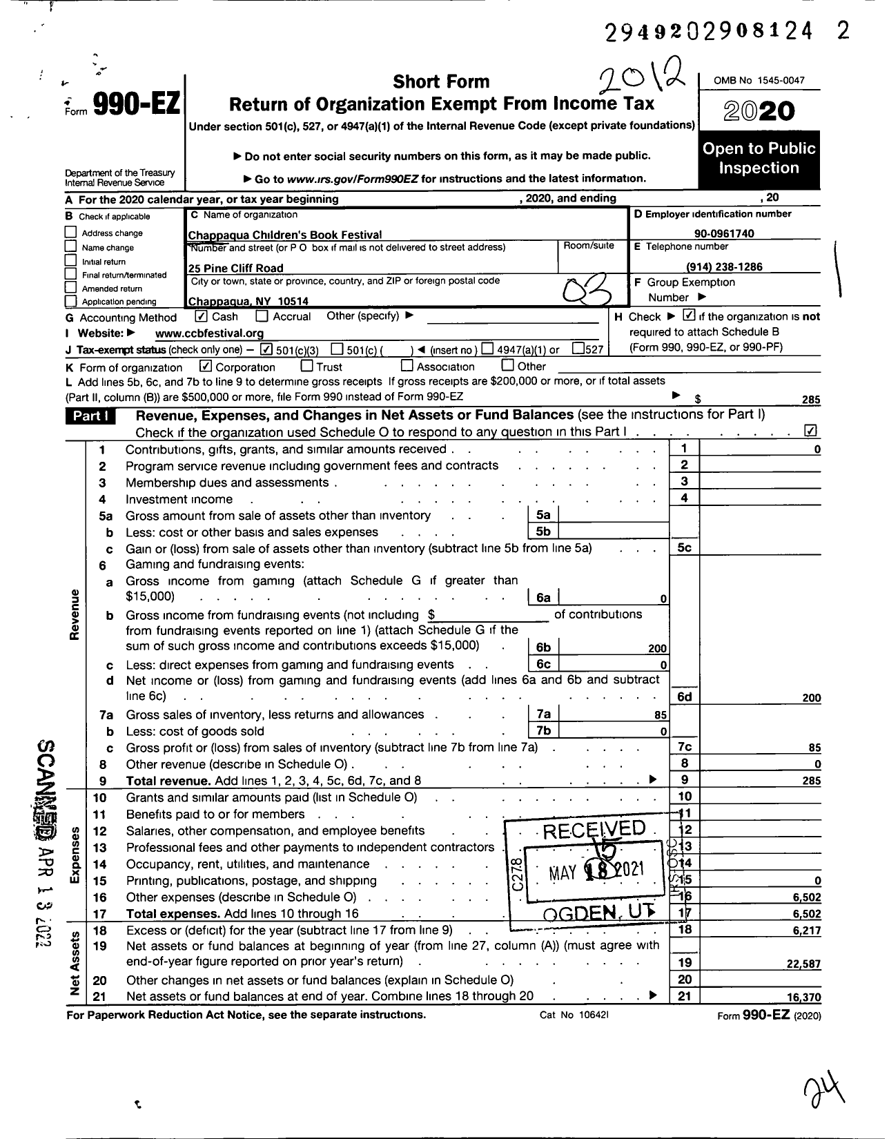 Image of first page of 2020 Form 990EZ for Chappaqua Childrens Book Festival