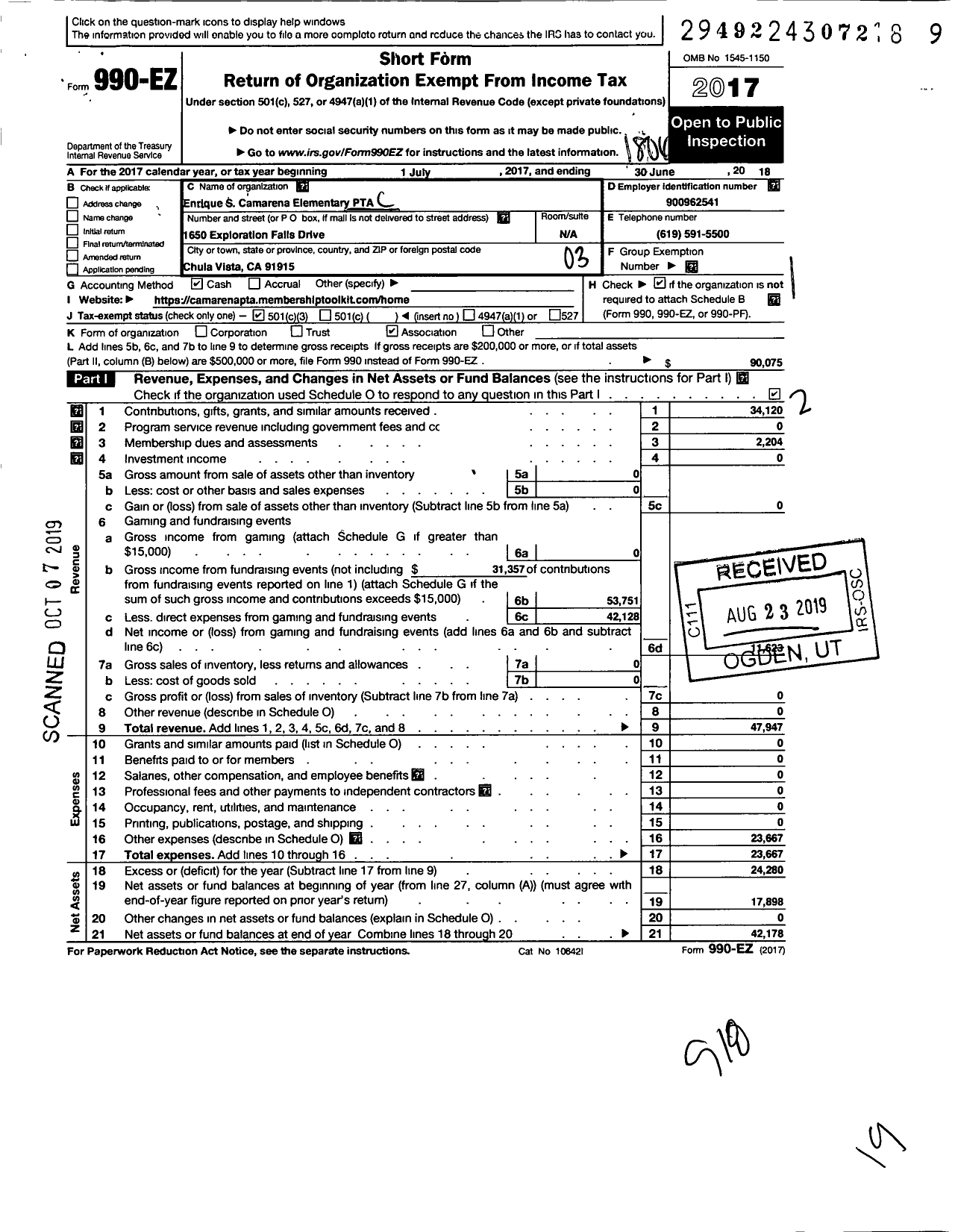 Image of first page of 2017 Form 990EZ for California State PTA - Enrique S Camerena Elementary PTA