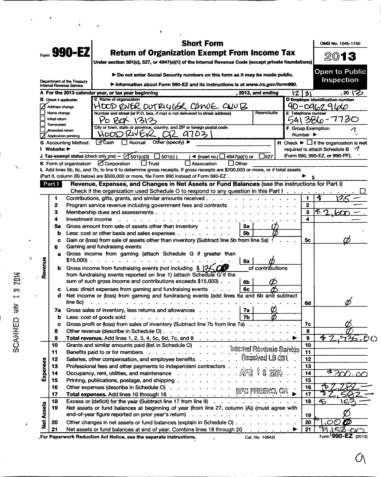 Image of first page of 2013 Form 990EZ for Hood River Outrigger Canoe Club