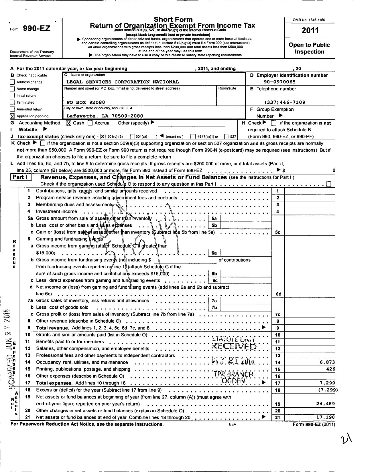 Image of first page of 2011 Form 990EZ for Legal Services Corporation National Clients Council