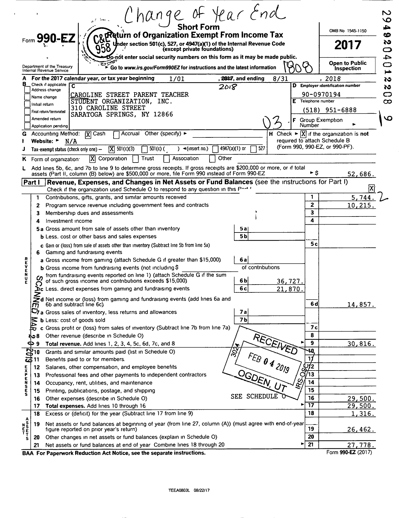 Image of first page of 2017 Form 990EZ for Caroline Street Parent Teacher Student Organization