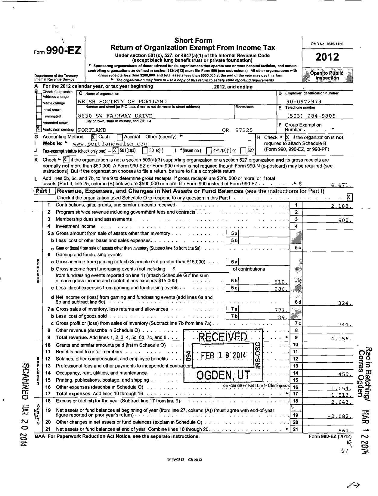 Image of first page of 2012 Form 990EZ for Welsh Society of Oregon