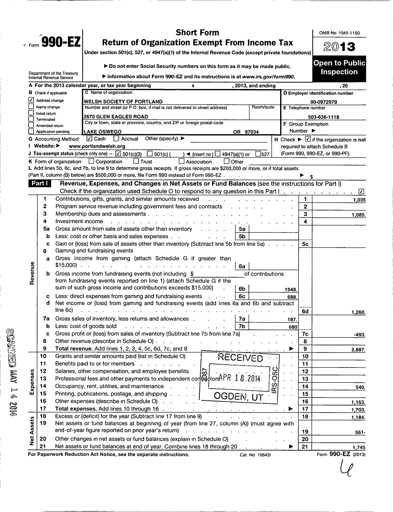 Image of first page of 2013 Form 990EZ for Welsh Society of Oregon