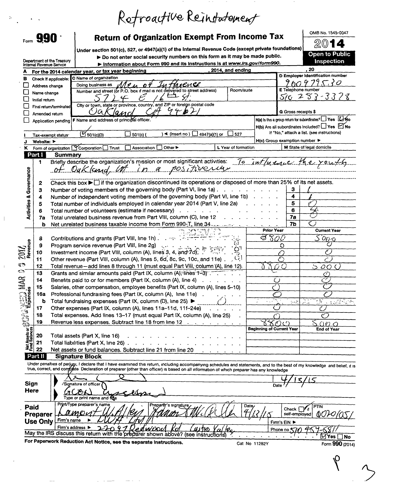 Image of first page of 2014 Form 990 for Men of Influence