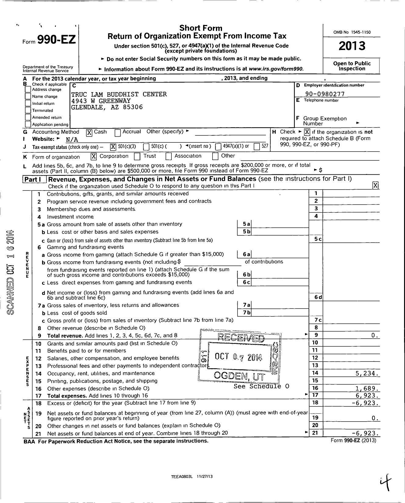 Image of first page of 2013 Form 990EZ for Truc Lam Buddhist Center