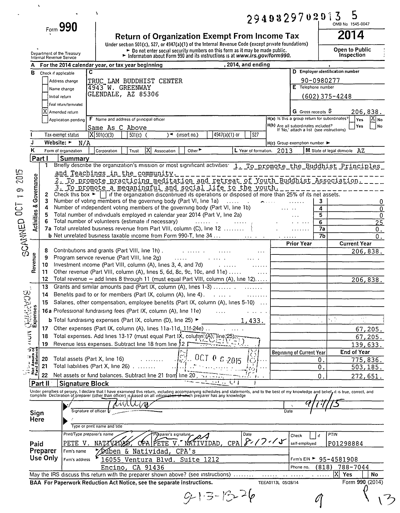 Image of first page of 2014 Form 990 for Truc Lam Buddhist Center