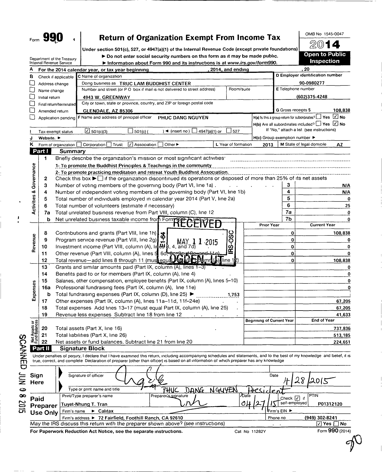 Image of first page of 2014 Form 990 for Truc Lam Buddhist Center