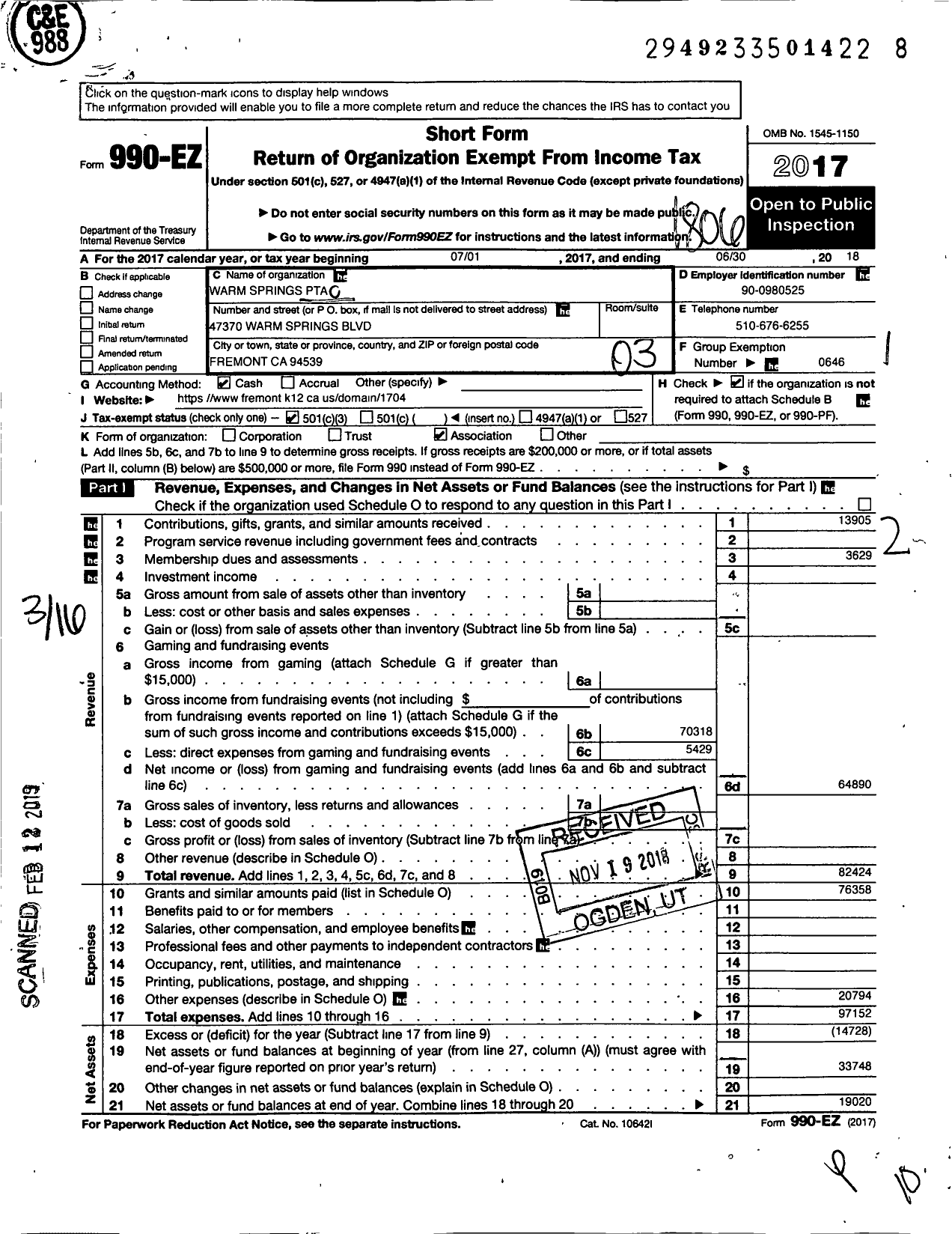 Image of first page of 2017 Form 990EZ for California State PTA - Warm Springs PTA