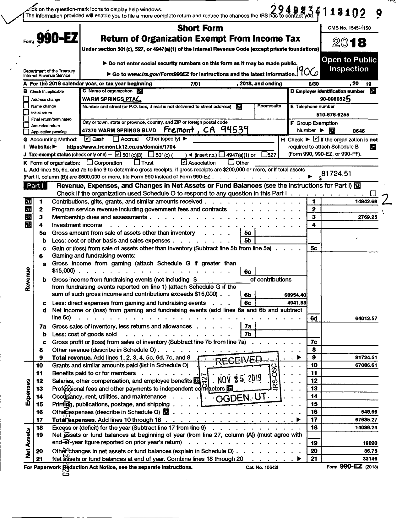 Image of first page of 2018 Form 990EZ for California State PTA - Warm Springs PTA