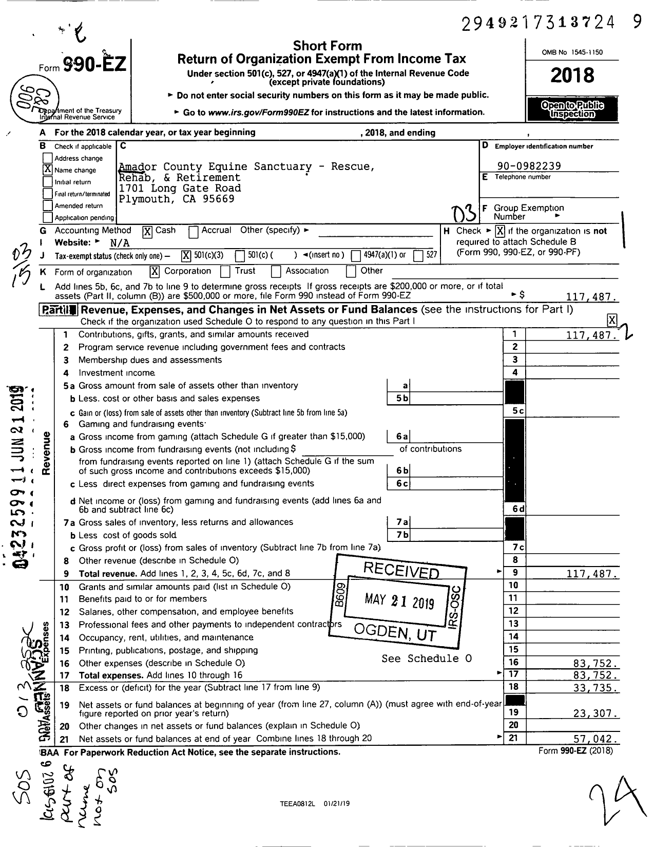 Image of first page of 2018 Form 990EZ for Amador County Equine Sanctuary - Rescue Rehab & Retirement